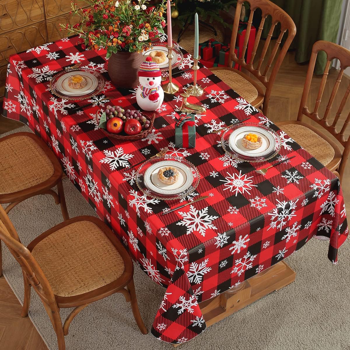 SASTYBALE Christmas Tablecloth Rectangle Vinyl with Flannel Backing, Buffalo Plaid Snowflake Print, Waterproof & Heavy Duty Plastic Table Cover for Dining, Party, Holiday, 52 x 70 Inch Red and Black