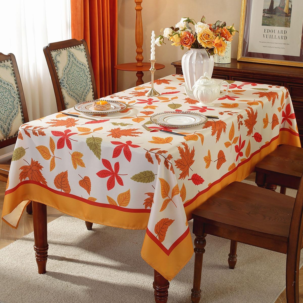 SASTYBALE Maple Leaves Thanksgiving Tablecloth Rectangle 60 x 102 Inch Wrinkle Free Non Slip Autumn Vintage Table Cloth, Heavy Weight Fabric Table Cover for Fall, Harvest, Country Farmhouse, Orange