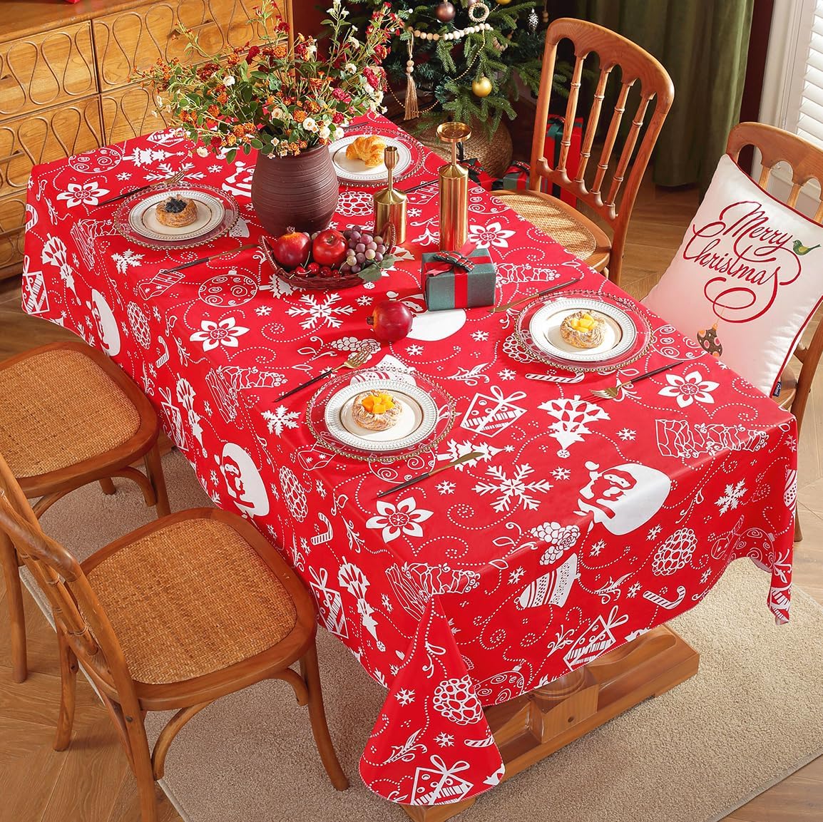 SASTYBALE Christmas Plastic Tablecloth Rectangle, Waterproof Vinyl Christmas Table Cloth with Flannel Backing, Wipeable Xmas Table Cover for Winter Holiday Party Decor (Rectangle, 52" x 70", Red)