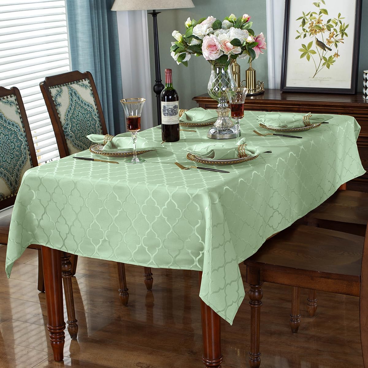 SASTYBALE Jacquard Spring Sage Green Tablecloth, Flower Patterns Table Cloth Spill Proof Wrinkle Resistant Table Cover for Kitchen Dining Tabletop Decoration (Square, 52" x 52" (2-4 Seats))