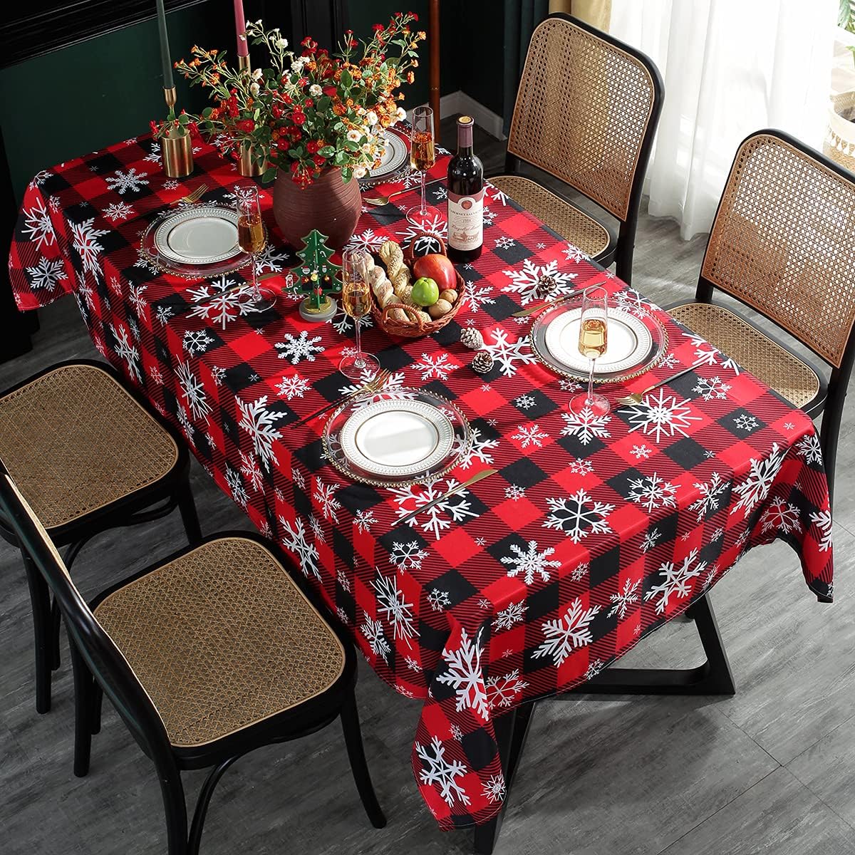 Christmas Tablecloth Rectangle, Plaid Table Cloth with Snowflake Decorations, Heavy Weight & Spillproof Table Cover for Dining, Party & Holidays (Snow Patterns, Rectangle, 52" x 70" (4-6 Seats))