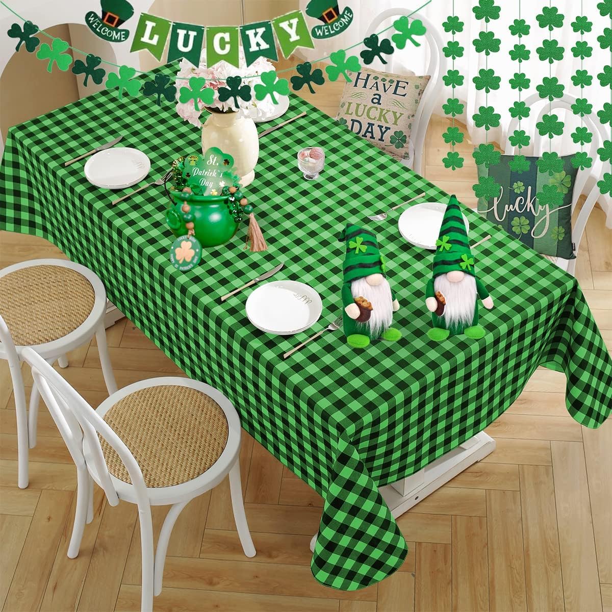 Saint Patricks Day Checkered Vinyl Tablecloth With Flannel Backing Rectangle 60 x 84 Inch, Waterproof & Stain Resistant Heavy Plastic Table Cover for Dining, Party, Indoor, Outdoor, Green and Black