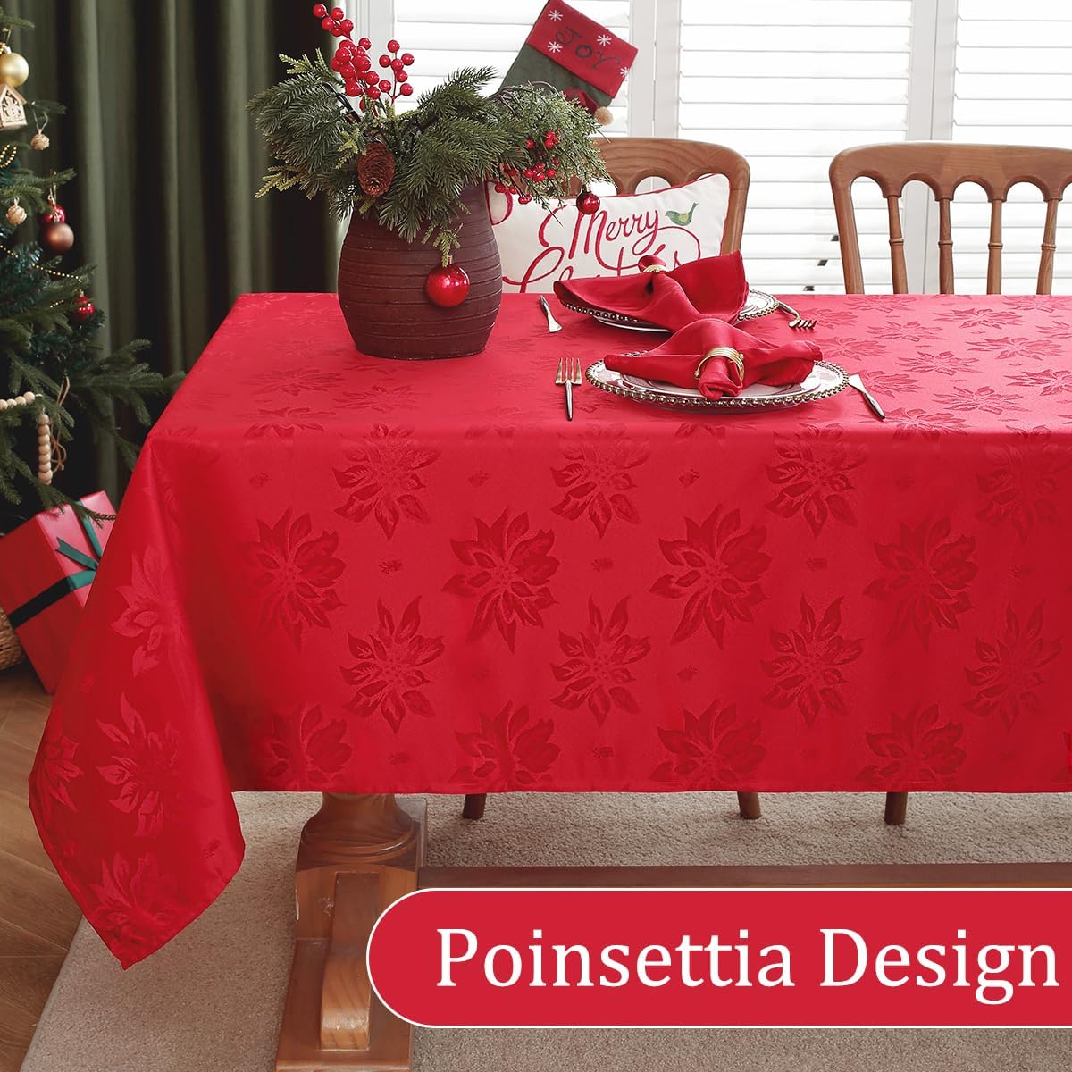 SASTYBALE Christmas Tablecloths Rectangular, Jacquard Xmas Table Cloth with Poinsettia Flowers, Spill Proof Heavy Duty Table Cover for Parties Winter Holiday Decor (Rectangle, 52" x 70", Red)