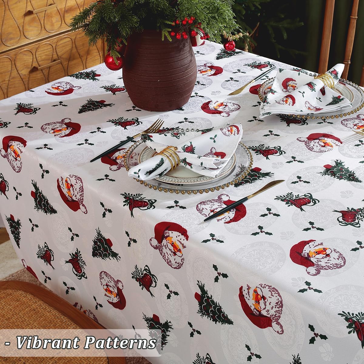 Christmas Tablecloth Rectangle 52 x 70 Inch Spill Proof Wrinkle Free Red Santa Claus Holly Berry Xmas Tree Jacquard Table Cloth, Damask Fabric Table Cover for Holiday, Winter Decoration, White