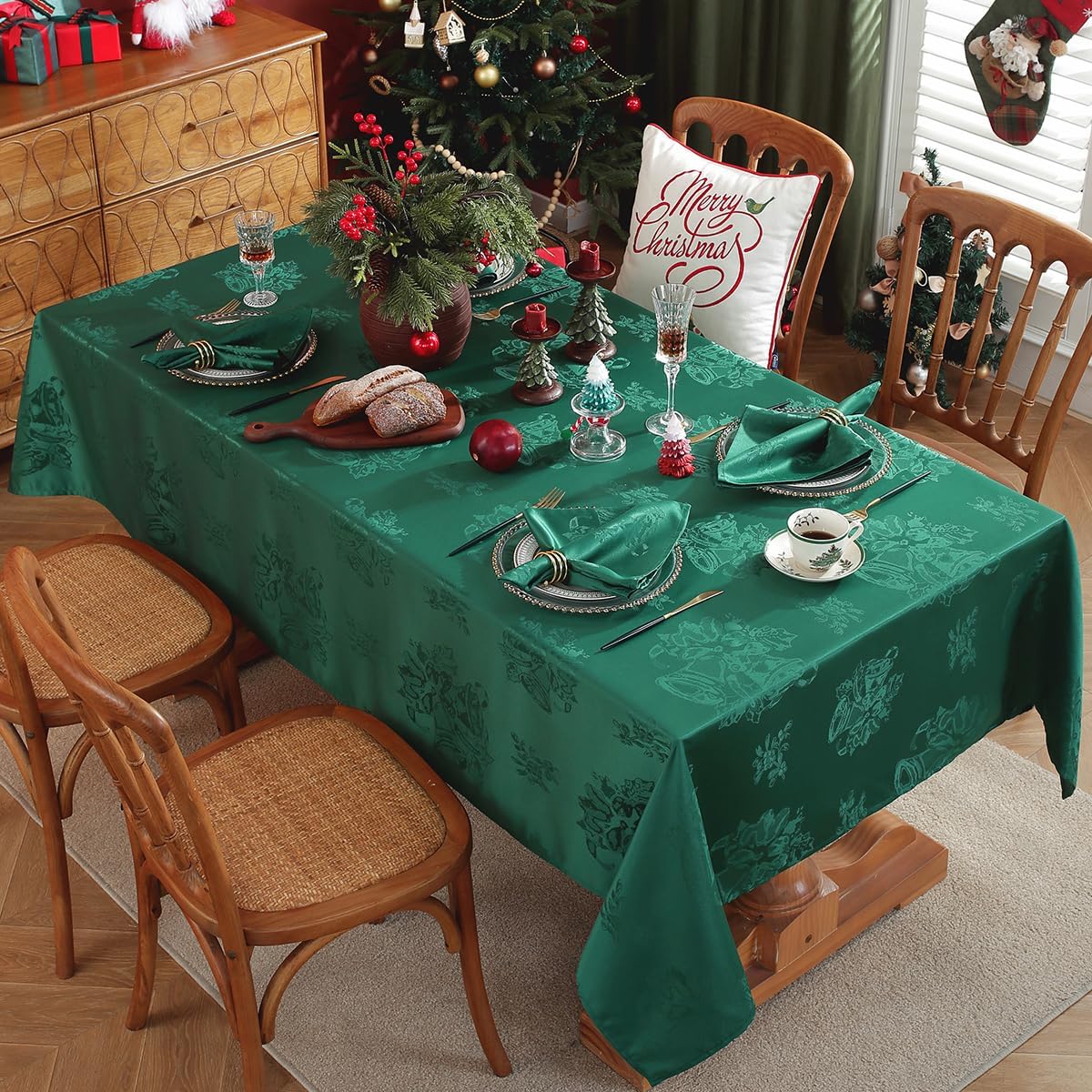 SASTYBALE Christmas Tablecloth Jingle Bells Holly Berry Jacquard Waterproof Wrinkle Free Damask Table Cloths, Fabric Table Cover for Xmas, Holiday, Winter, Party, Rectangle 52 x 70 Inch, Green