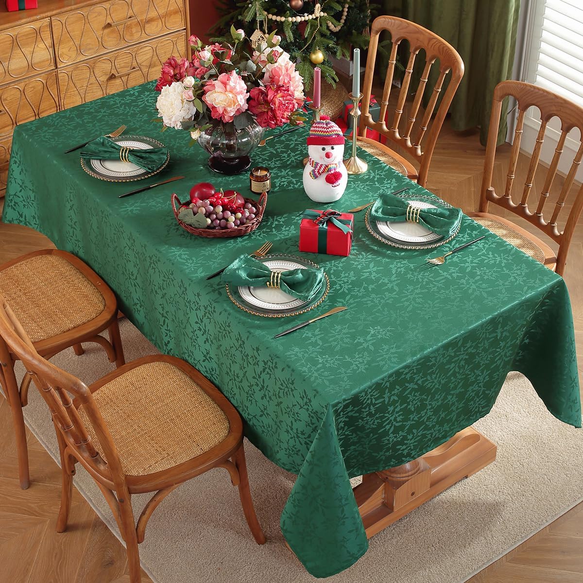 SASTYBALE Christmas Tablecloth Rectangle 52 x 70 Inch Holly Berries Jacquard Spill Proof Wrinkle Free Polyester Table Cloth, Damask Fabric Table Cover for X-mas, Farmhouse, Winter, Holiday, Green