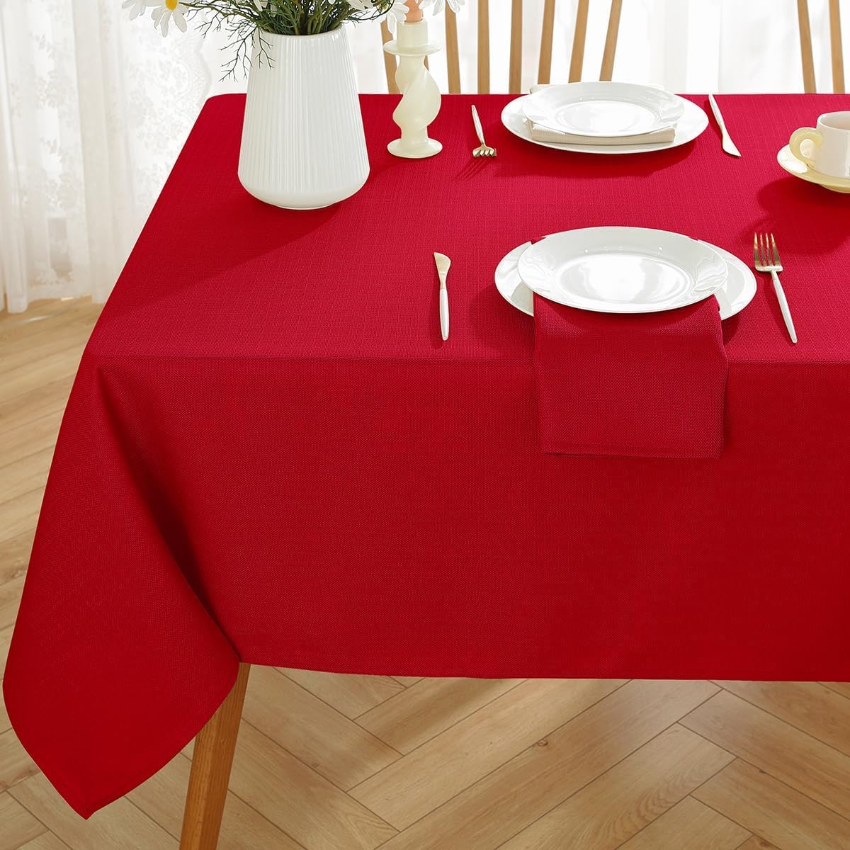 SASTYBALE Christmas Tablecloth Rectangle Waterproof Oil Proof Winkle Resistant Fabric Textured Table Cloth, Faux Linen Table Cover for Xmas, Holiday, Winter, Party (60 x 120 Inch Rectangular, Red)