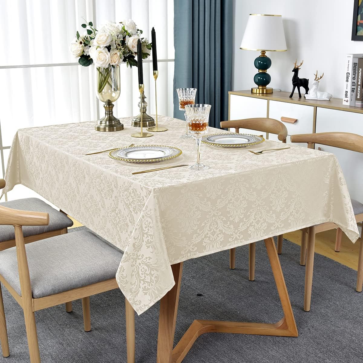 SASTYBALE Jacquard Tablecloth Rectangle 52 x 70 Inch Beige, Spill Proof Wrinkle Free Damask Table Cloth, Washable Polyester Table Cover for Dining Room, Party, Indoor, Outdoor (Off White, Oblong)