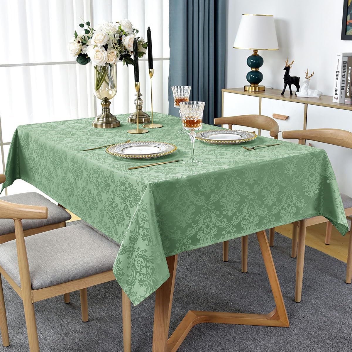 SASTYBALE Flower Jacquard Square Tablecloth 52 x 52 Inch Spill Proof Wrinkle Free Damask Small Table Cloth, Polyester Fabric Table Cover for Dining, Party, Picnic, Indoor Outdoor, Sage Green