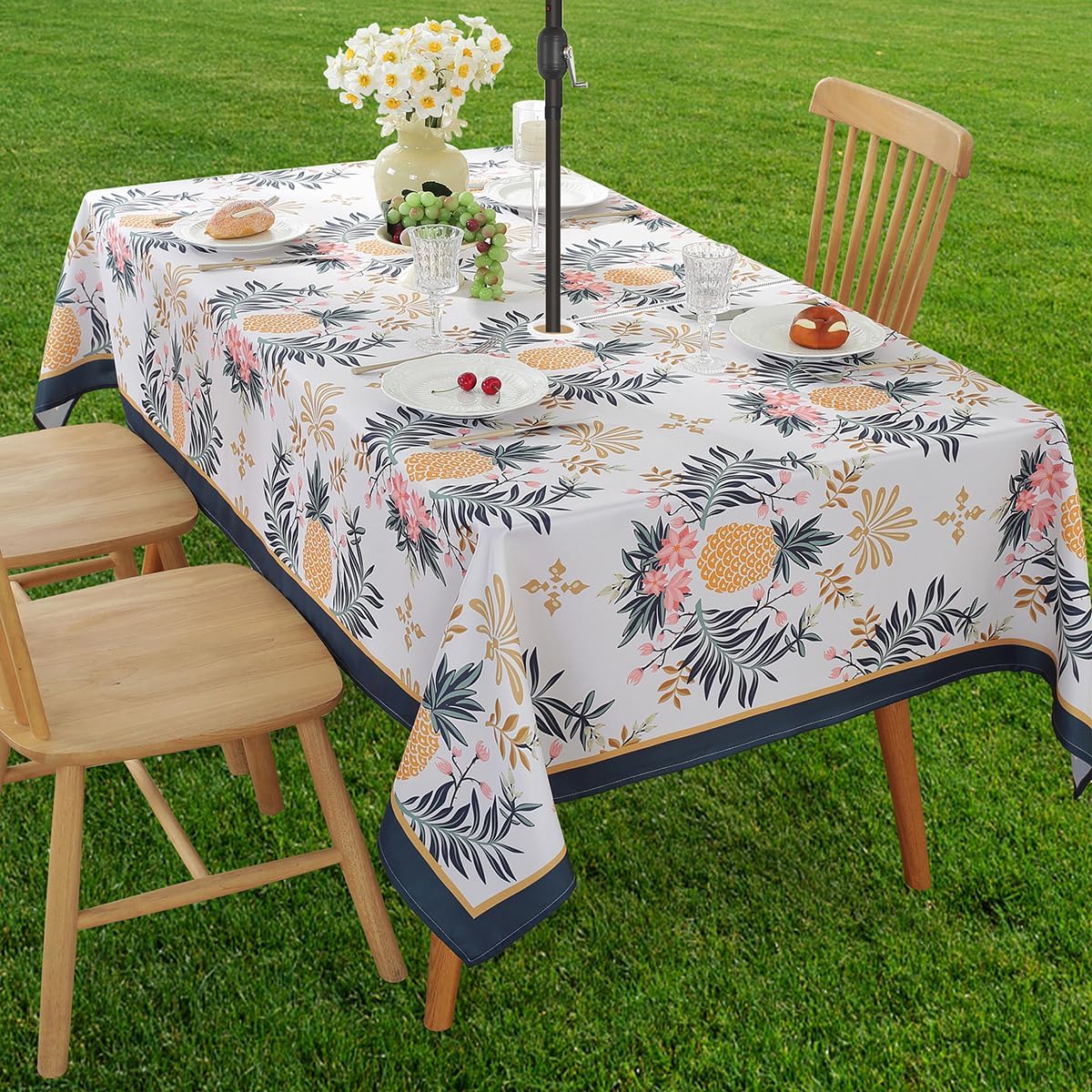 SASTYBALE Outdoor Tablecloth with Umbrella Hole and Zipper, Floral Table Cloth with Pineapple Pattern, Spill Proof Patio Table Cover for Summer Picnic Indoor Outdoor Tables (Rectangle, 60" x 84")