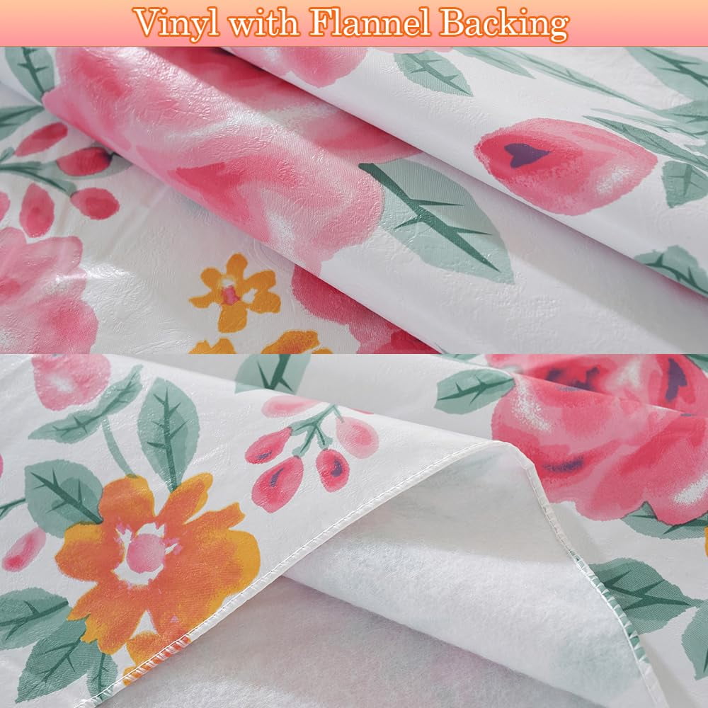 Vinyl Tablecloth with Flannel Backed, Waterproof Oil-Proof PVC Table Cloth, Heavy Duty Wipeable Spill-Proof Plastic Table Cover for Dinner Outdoor Picnic (Pink Flower, 60x102 Inch Rectangle)
