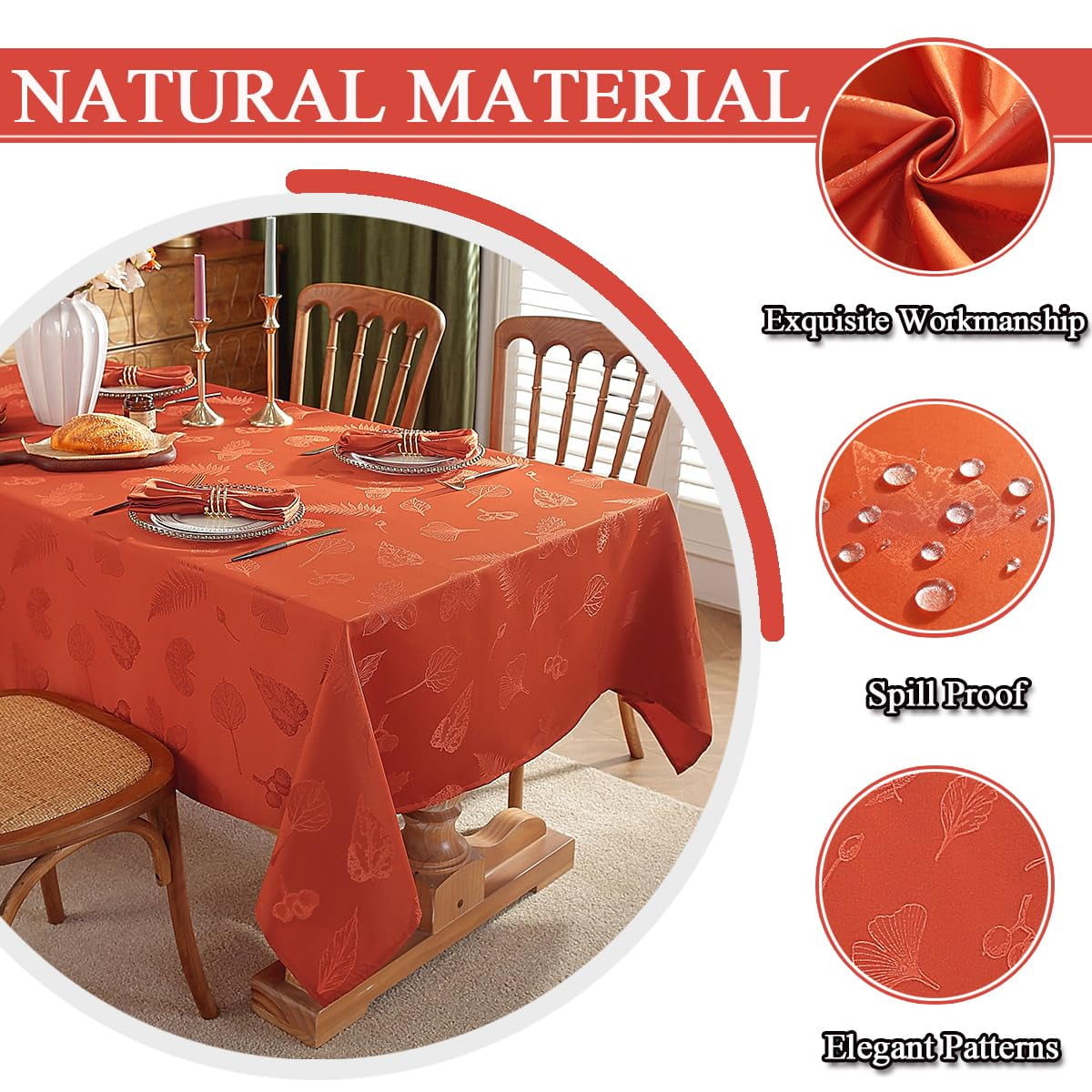 Thanksgiving Tablecloth Jacquard Heavy Duty & Spill Proof Table Cloth with Autumn Leaves, Washable Table Cover for Fall Harvest Holidays 60" x 84" Rust