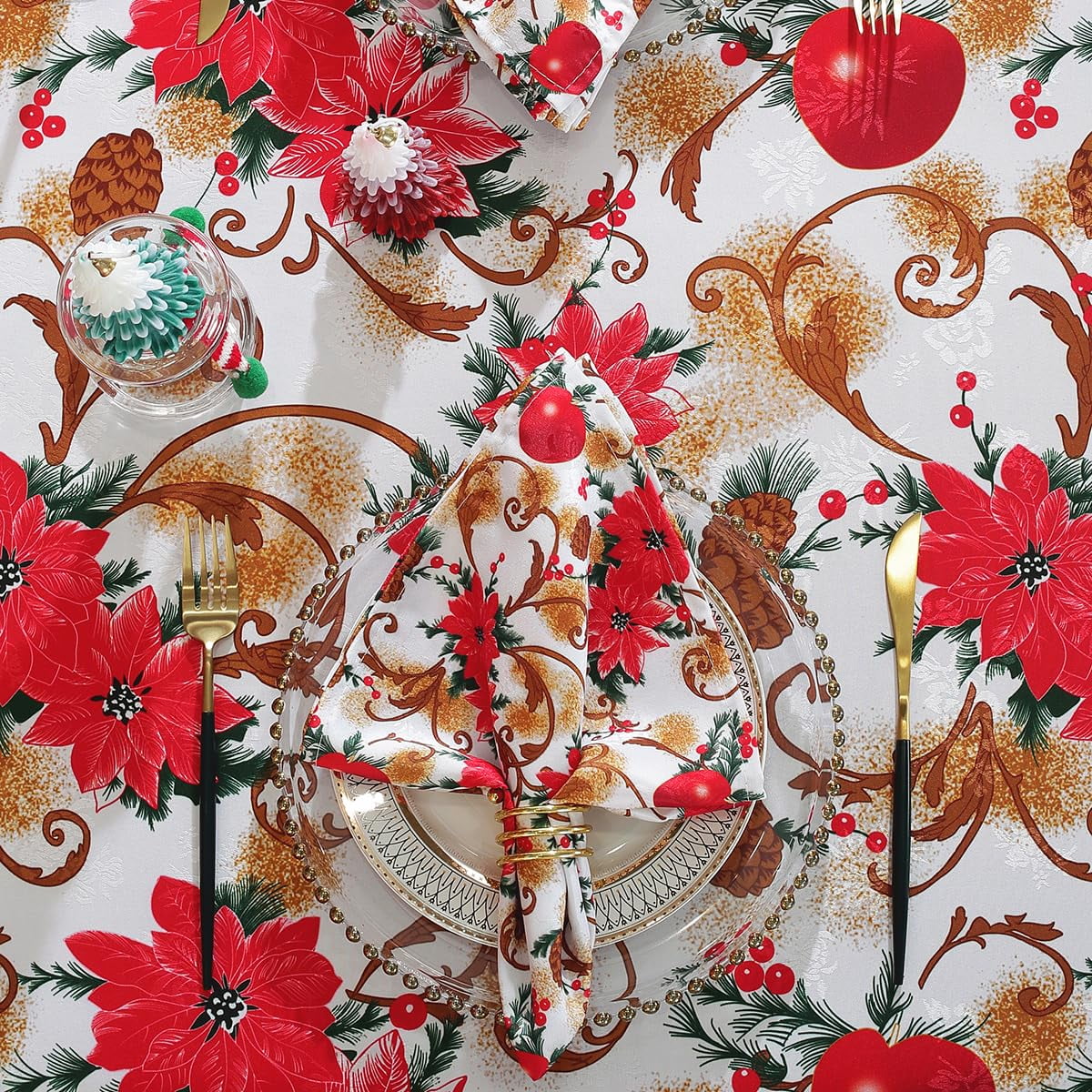 SASTYBALE Christmas Tablecloth Rectangle,Jacquard Fabric Christmas Table Cloth with Poinsettia Flowers, Spillproof Table Cover for Winter Holiday Dinner Decor