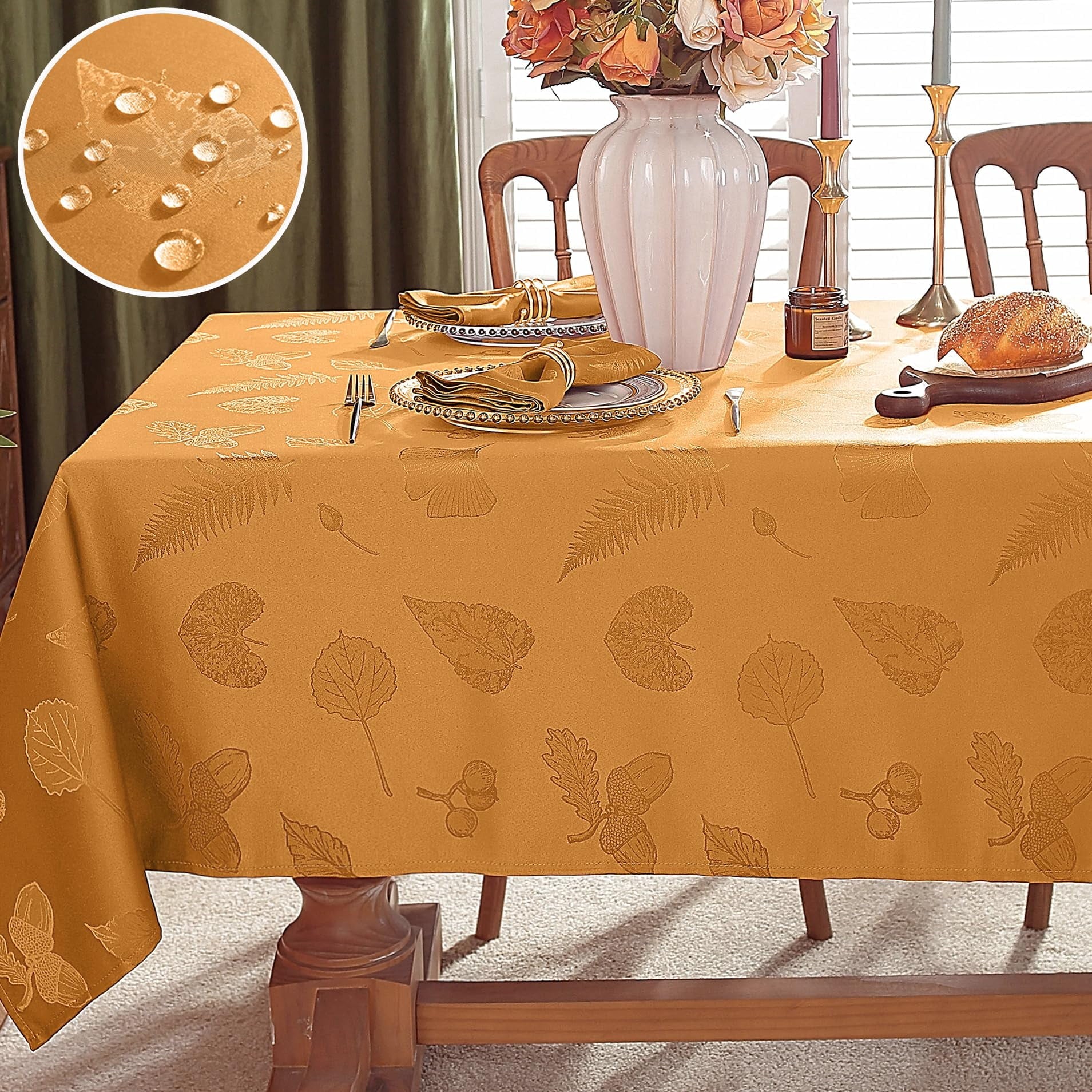 Thanksgiving Tablecloth Jacquard Heavy Duty & Spill Proof Table Cloth with Autumn Leaves, Washable Table Cover for Fall Harvest Holidays 60" x 84" Rust