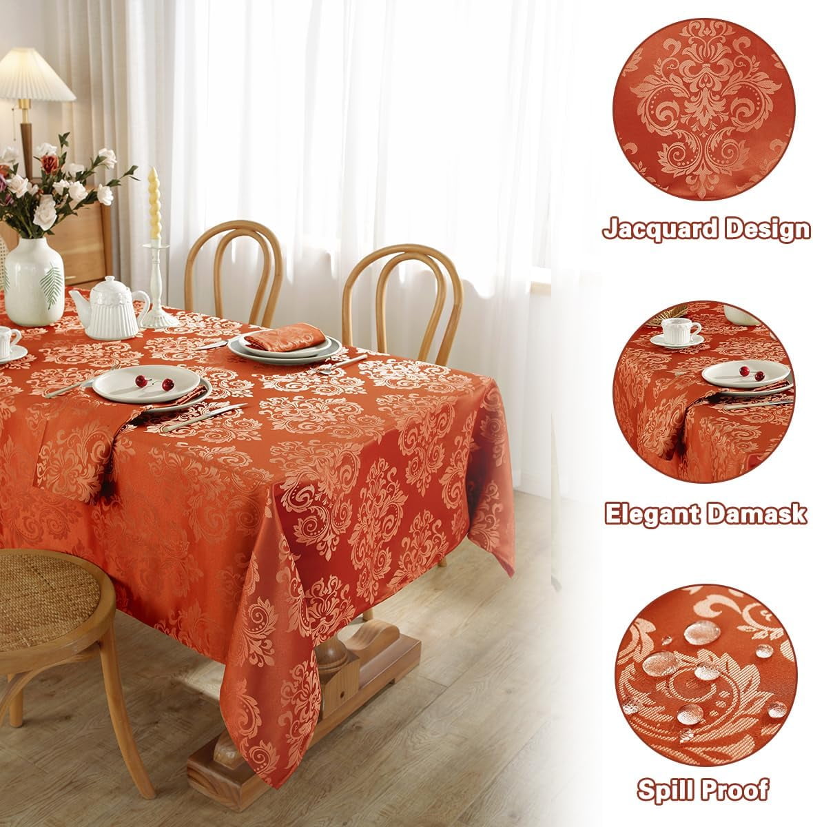SASTYBALE Tablecloth Rectangle 52 x 70 Inch Waterproof Stain Resistant Jacquard Damask Table Cloth, Polyester Table Cover for Fall, Thanksgiving, Autumn, Harvest Party, Holiday Dinner, Orange/Rusty