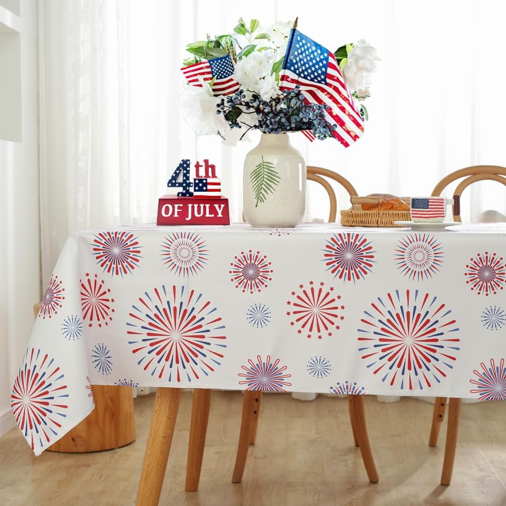 SASTYBALE Veterans Day Rectangle Tablecloth, 52 x 70 Inch Patriotic Fireworks Tablecloths Washable Spill Proof Wrinkle Resistant Soft Polyester Table Cover for Patriotic Holiday Parties