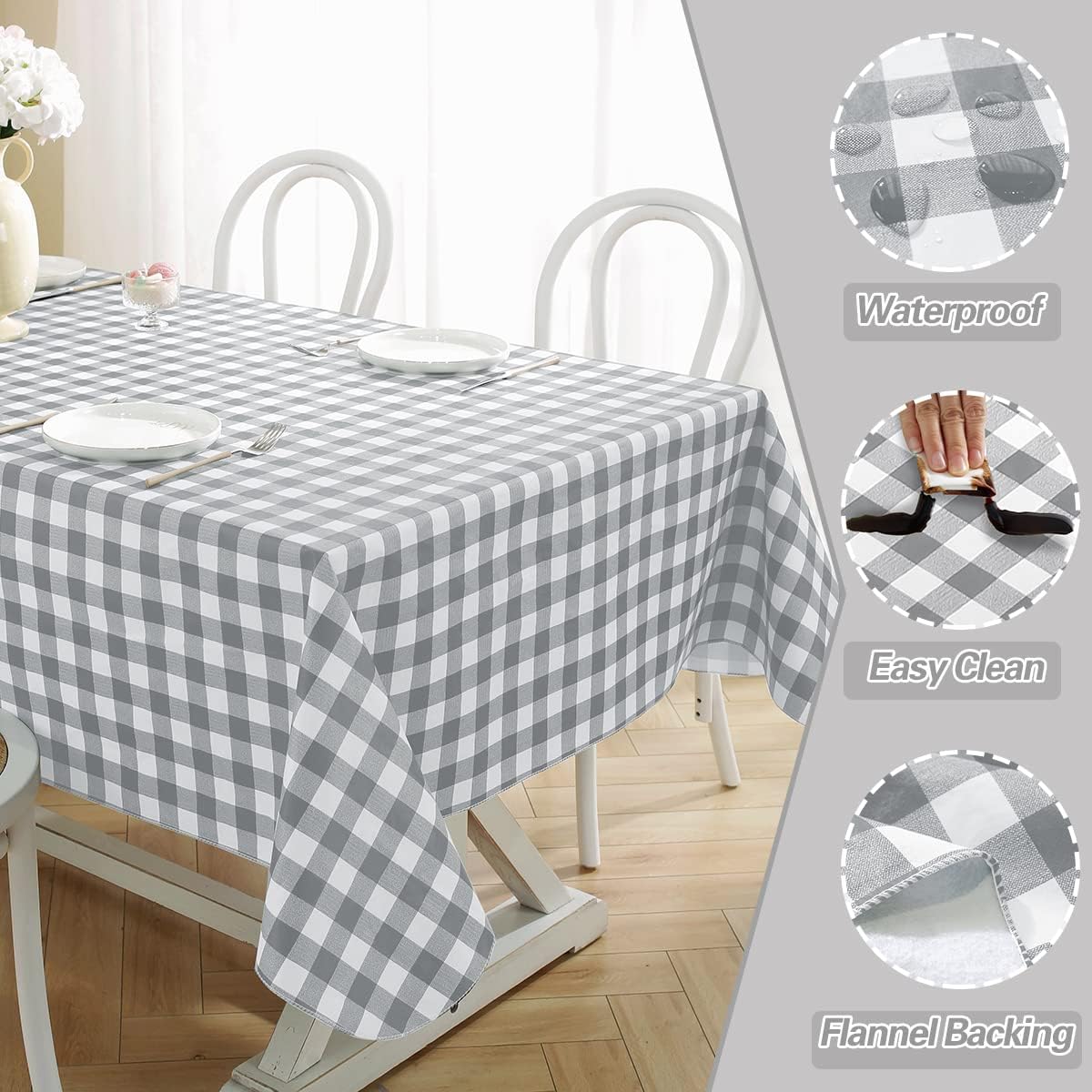 Buffalo Plaid Vinyl Tablecloth With Flannel Backing Rectangle 60 x 84 Inch, Stain & Scratch Resistant Checkered Table Cloth, Plastic Table Cover for Dining, Party, Indoor, Outdoor, Gray and White