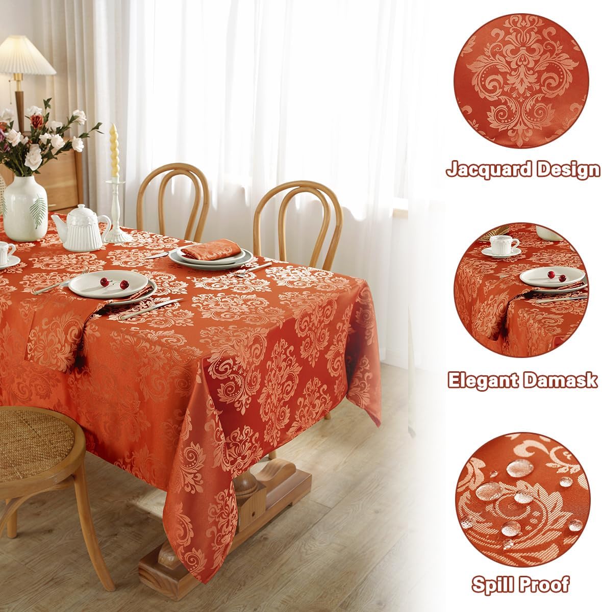 SASTYBALE Jacquard Tablecloth Square 52 x 52 Inch Spill Proof Wrinkle Free Damask Table Cloth, Soft Polyester Table Cover for Fall, Thanksgiving, Autumn, Harvest Holiday Party, Orange/Rusty