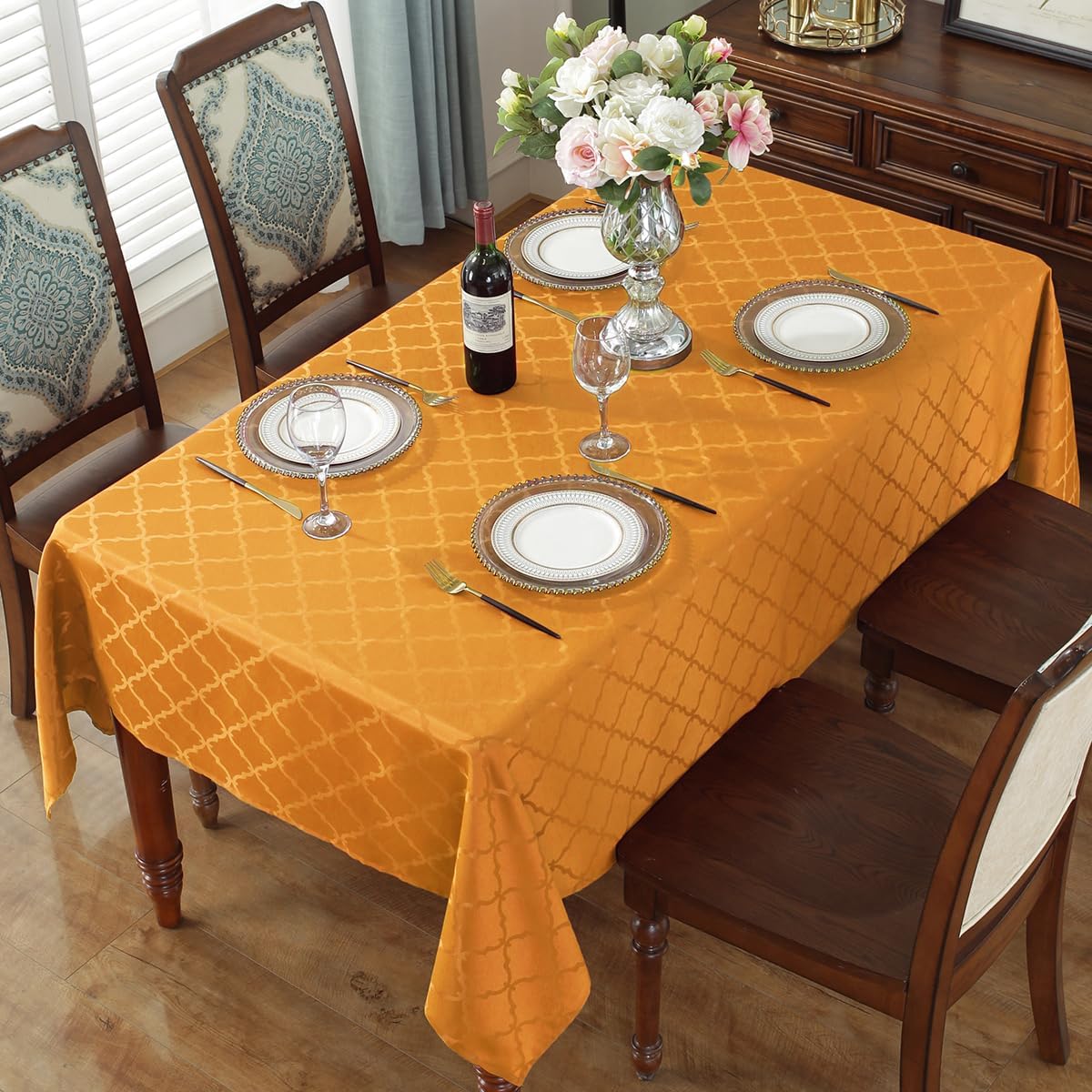 SASTYBALE Christmas Tablecloth Floral Jacquard Polyester Table Cloth Spill Proof Wrinkle Resistant Table Cover for Harvest, Fall Decoration(Rectangle,52"x70"(4-6 Seats,Amber)