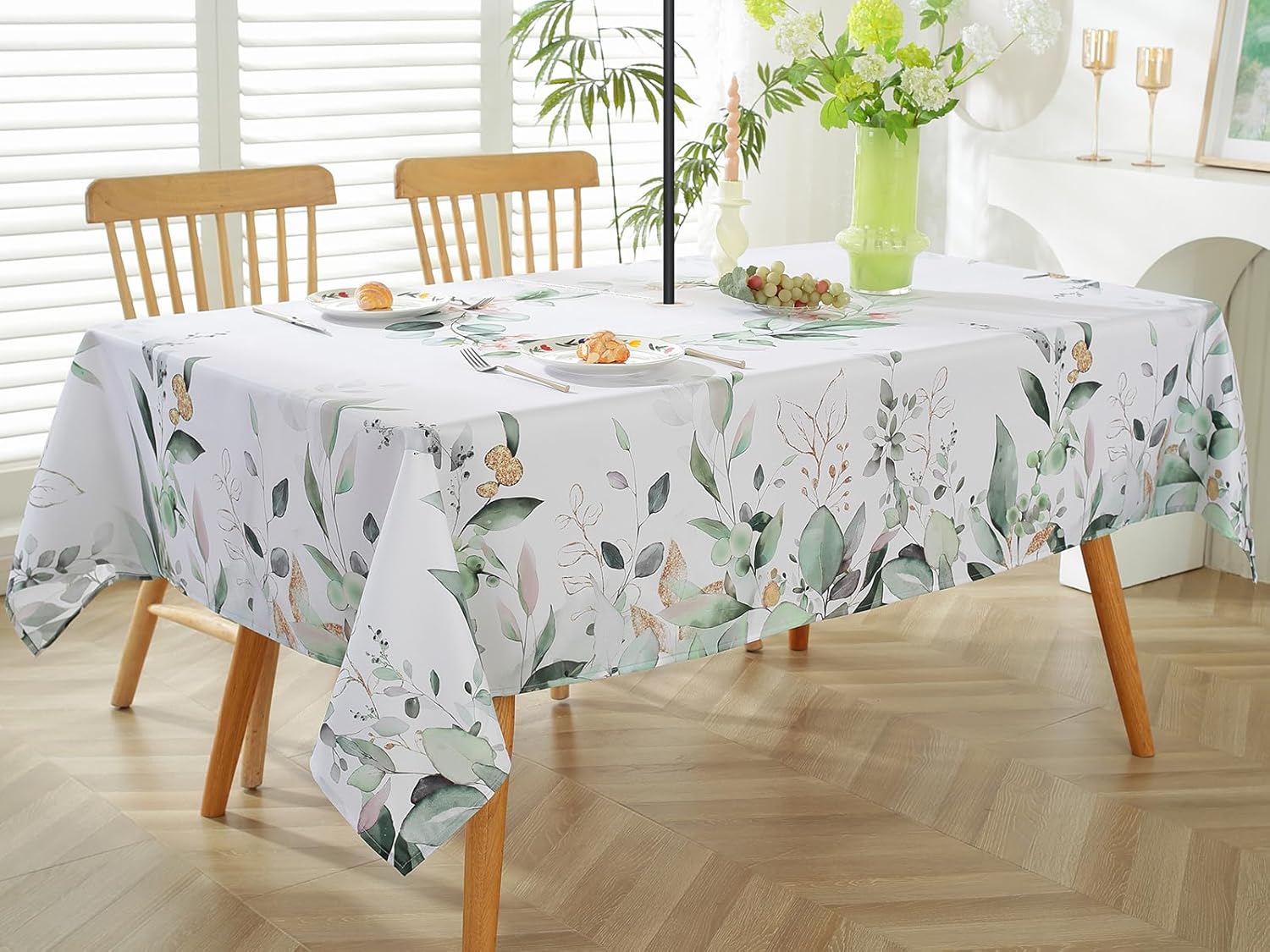 SASTYBALE Outdoor Tablecloth with Umbrella Hole and Zipper Rectangle 60 x 102 Inch Wild Eucalyptus Leaves Flower Zippered Table Cloth, Fabric Table Cover for Spring/Summer/Dining/Picnic/Garden, Green