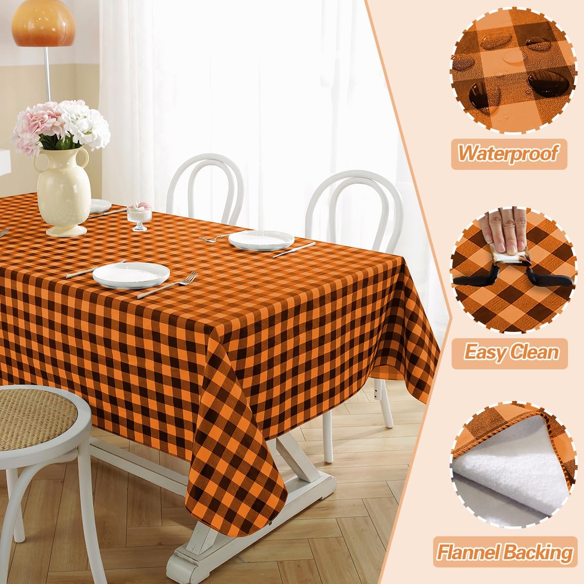 SASTYBALE Buffalo Plaid Tablecloth Rectangle 60 x 120 Inch Vinyl with Flannel Backing, Waterproof & Anti Slip Plastic Heavy Duty Table Cover for Dining, Party, Indoor, Outdoor, Orange and Black