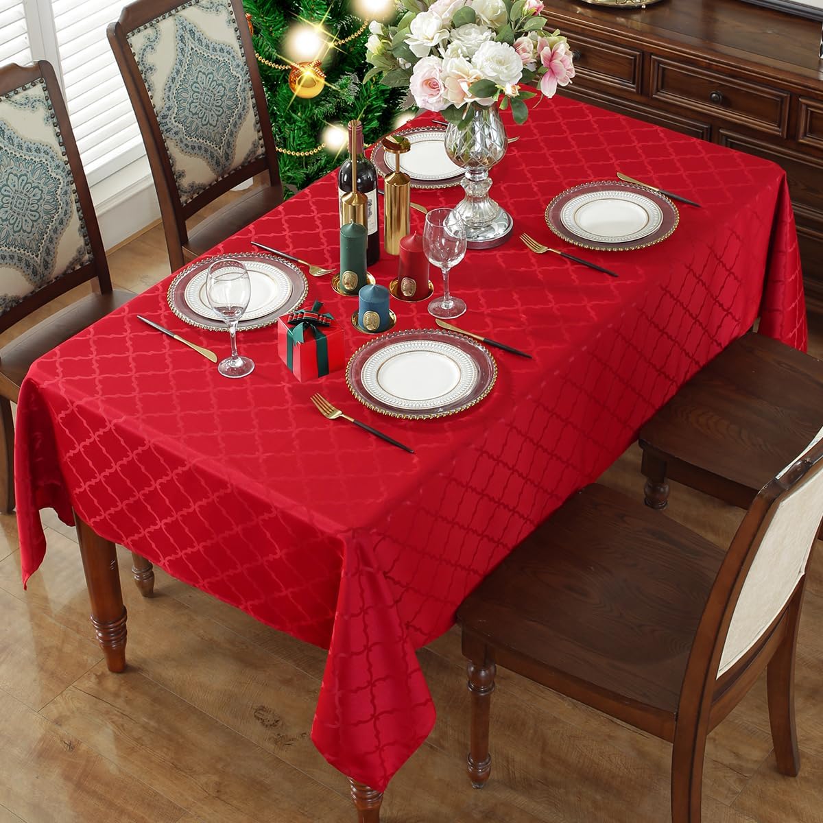 SASTYBALE Christmas Tablecloths Rectangular, Jacquard Xmas Table Cloth with Geometric Patterns, Washable Spillproof Table Cover for Parties Winter Holiday Decor (Rectangle, 52" x 70", Red)