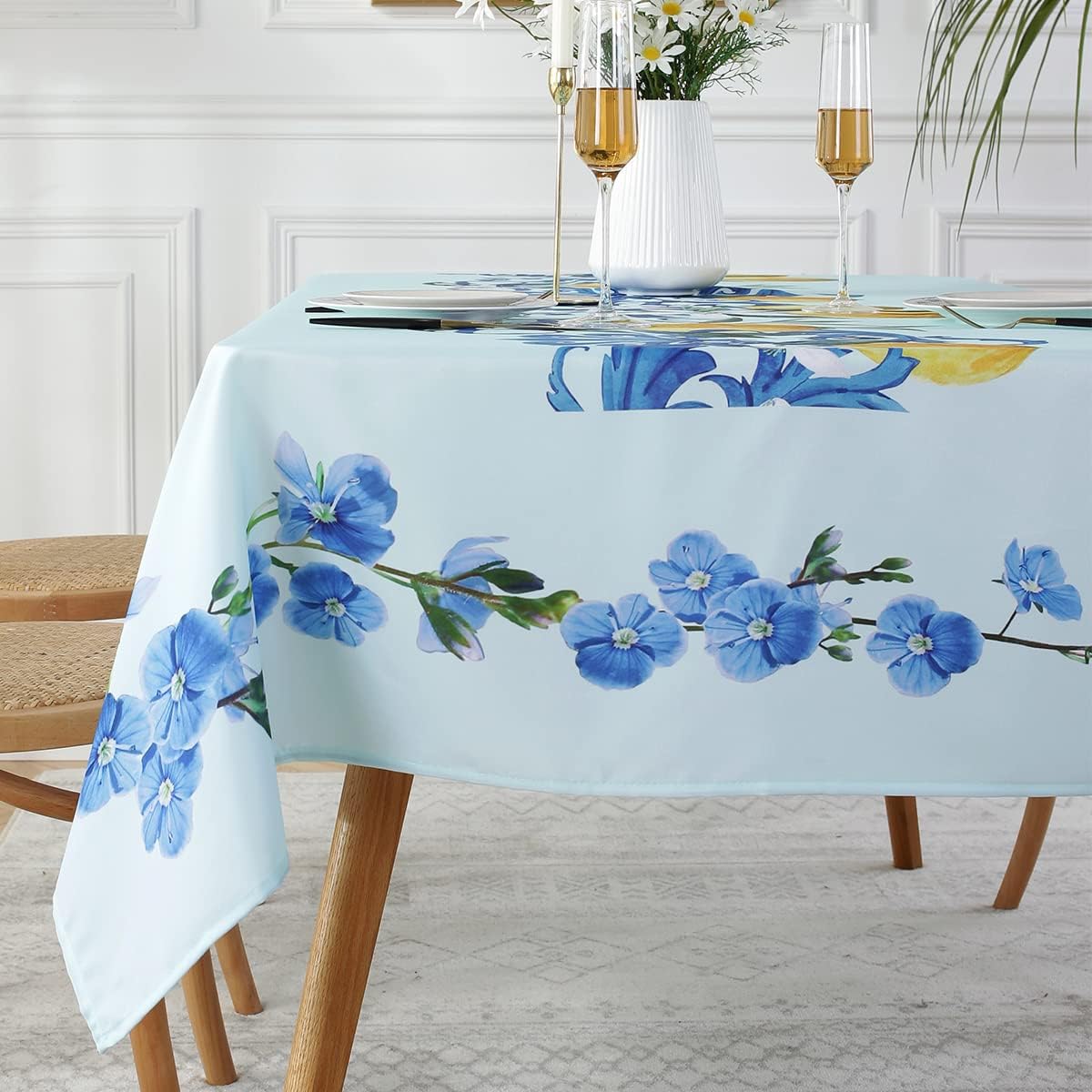 SASTYBALE Lemon Tablecloth Rectangle 52 x 70 Inch, Spillproof Wrinkle Free Polyester Fabric Table Cloth, Soft Floral Table Cover for Spring/Summer/Dining/Party, Blue