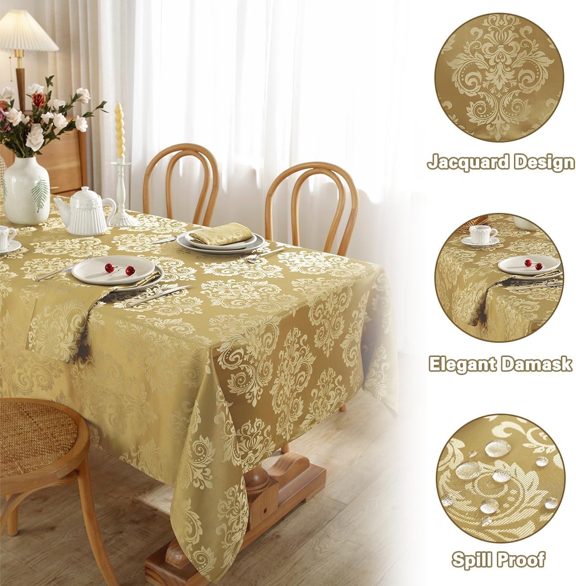 SASTYBALE Damask Gold Tablecloth for Square Tables 52 x 52 Inch, Floral Jacquard Spill Proof Wrinkle Free Table Cloth, Polyester Table Cover for Dinner/Party/Indoor/Outdoor