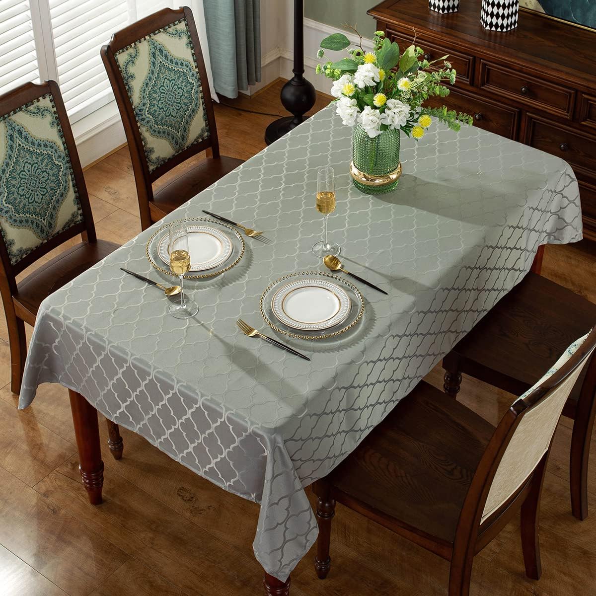 Jacquard Tablecloth Flower Pattern Polyester Table Cloth Spill Proof Dust-Proof Wrinkle Resistant Table Cover for Kitchen Dining Tabletop Decoration (Rectangle/Oblong, 52" x 70" (4-6 Seats),Gray)