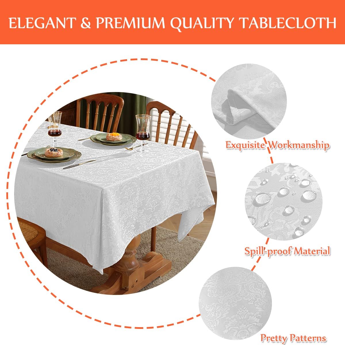 SASTYBALE Jacquard Spring White Tablecloth for Rectangle Tables, Spill-Proof & Wrinkle Free Damask Fabric Table Cover with Floral Patterns for Table Decorations (Rectangle, 52" x 70", White)