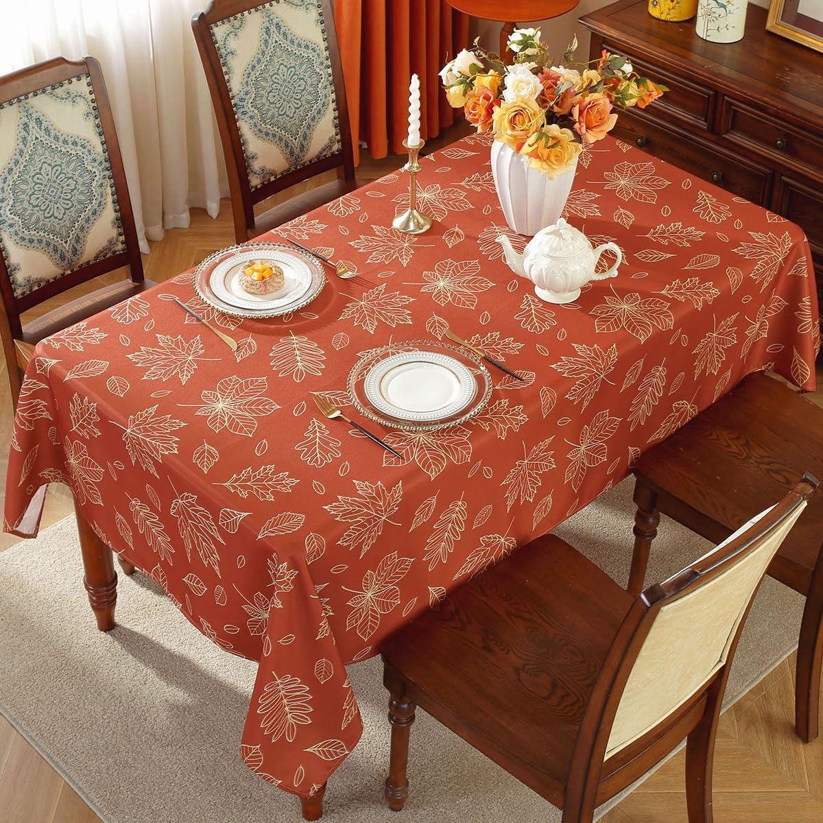 SASTYBALE Maple Leaves Thanksgiving Tablecloth Rectangle 60 x 120 Inch Waterproof Oil Proof Wrinkle Free Fabric Autumn Table Cloth, Vintage Polyester Table Cover for Fall, Harvest Decor, Rusty