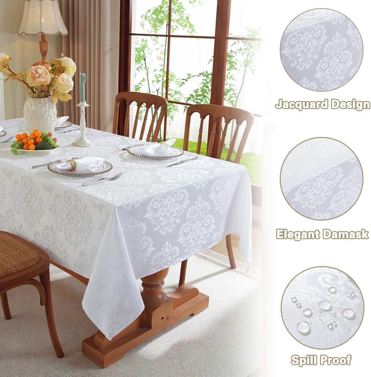 SASTYBALE Damask White Tablecloth Square 52 x 52 Inch, Floral Jacquard Spill Proof Winkle Free Fabric Table Cloth, Soft Table Cover for Dining/Party/Wedding/Indoor/Outdoor, Square,Round 2-4 Seats