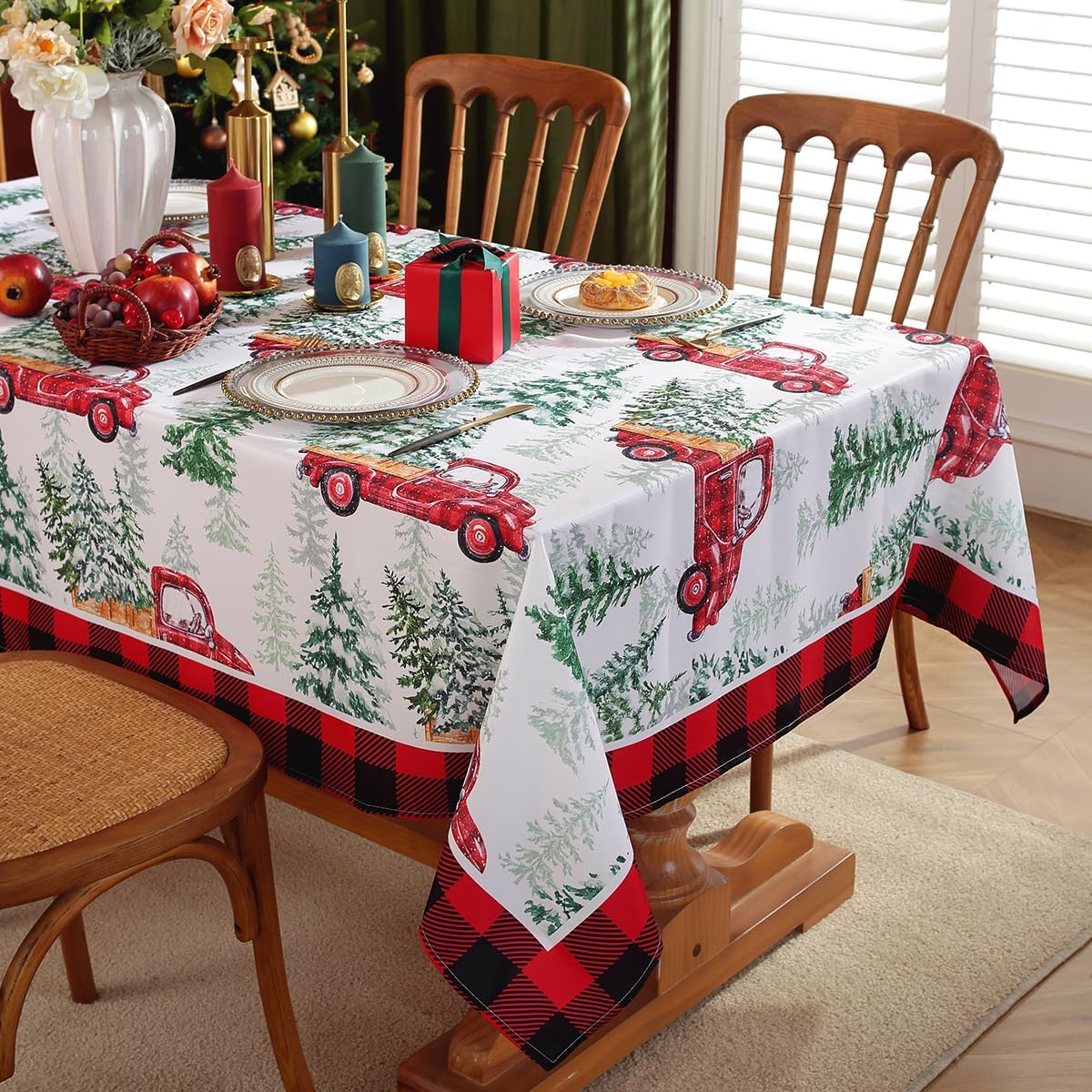 SASTYBALE Christmas Tablecloth Rectangle, Water Resistant Christmas Table Cloth with Printed Christmas Trees & Trucks, Polyester Table Covers for Xmas, Holiday, Winter (Rectangle, 60" x 102", White)