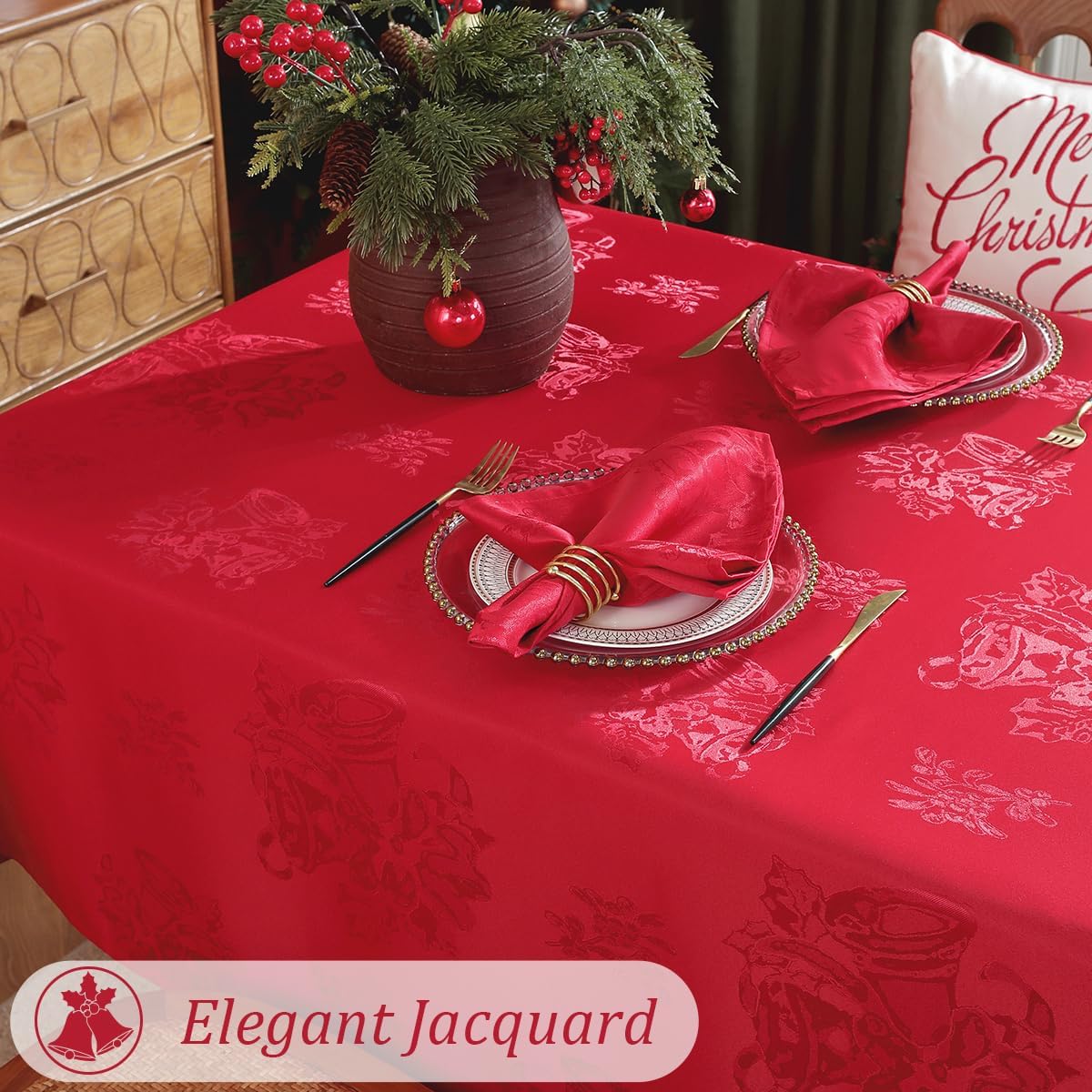 SASTYBALE Christmas Tablecloth Jingle Bells Holly Berry Jacquard Water Oil Proof Non Slip Damask Table Cloths, Fabric Table Cover for Xmas, Holiday, Winter, Santa, Rectangle 52 x 70 Inch, Red