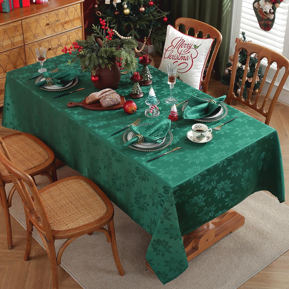 SASTYBALE Christmas Tablecloths Rectangular, Jacquard Xmas Table Cloth with Poinsettia Flowers, Spill Proof Heavy Duty Table Cover for Parties Winter Holiday Decor (Rectangle, 52" x 70", Green)