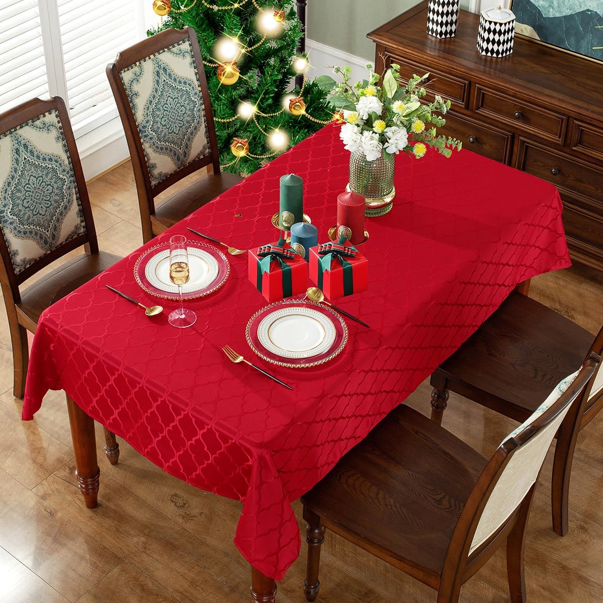 SASTYBALE Jacquard Christmas Tablecloth Flower Pattern Polyester Christmas Table Cloth Spill Proof Wrinkle Resistant Table Cover for Xmas Holiday Party Decor (Rectangle, 52" x 70" (4-6 Seats),Red)