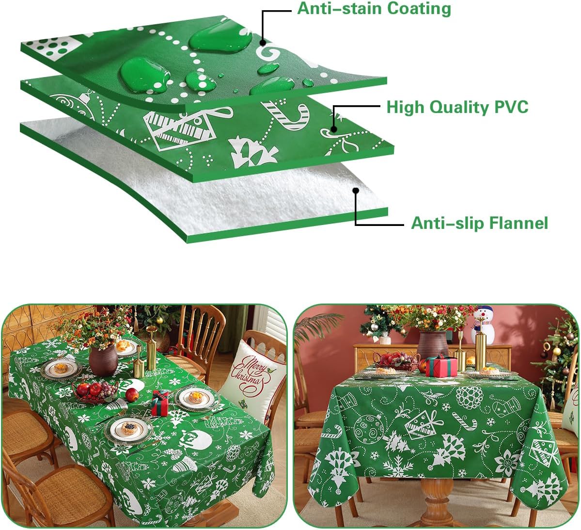 SASTYBALE Christmas Plastic Tablecloth Rectangle, Waterproof Vinyl Christmas Table Cloth with Flannel Backing, Wipeable Xmas Table Cover for Winter Holiday Party Decor (Rectangle, 52" x 70", Green)