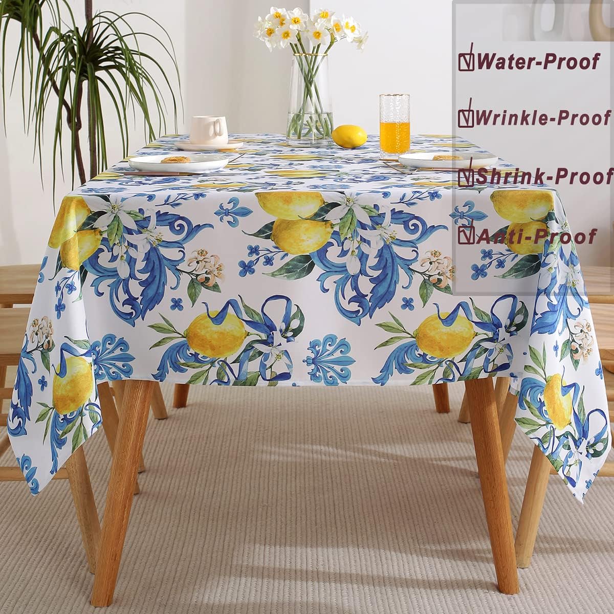 SASTYBALE Lemon Tablecloth, Washable Summer Table Cloth Printed with Lemons Flower Waterproof Spillproof Polyester Table Cover for Dinner Table Holiday Decoration (Rectangle, 52" x 70")