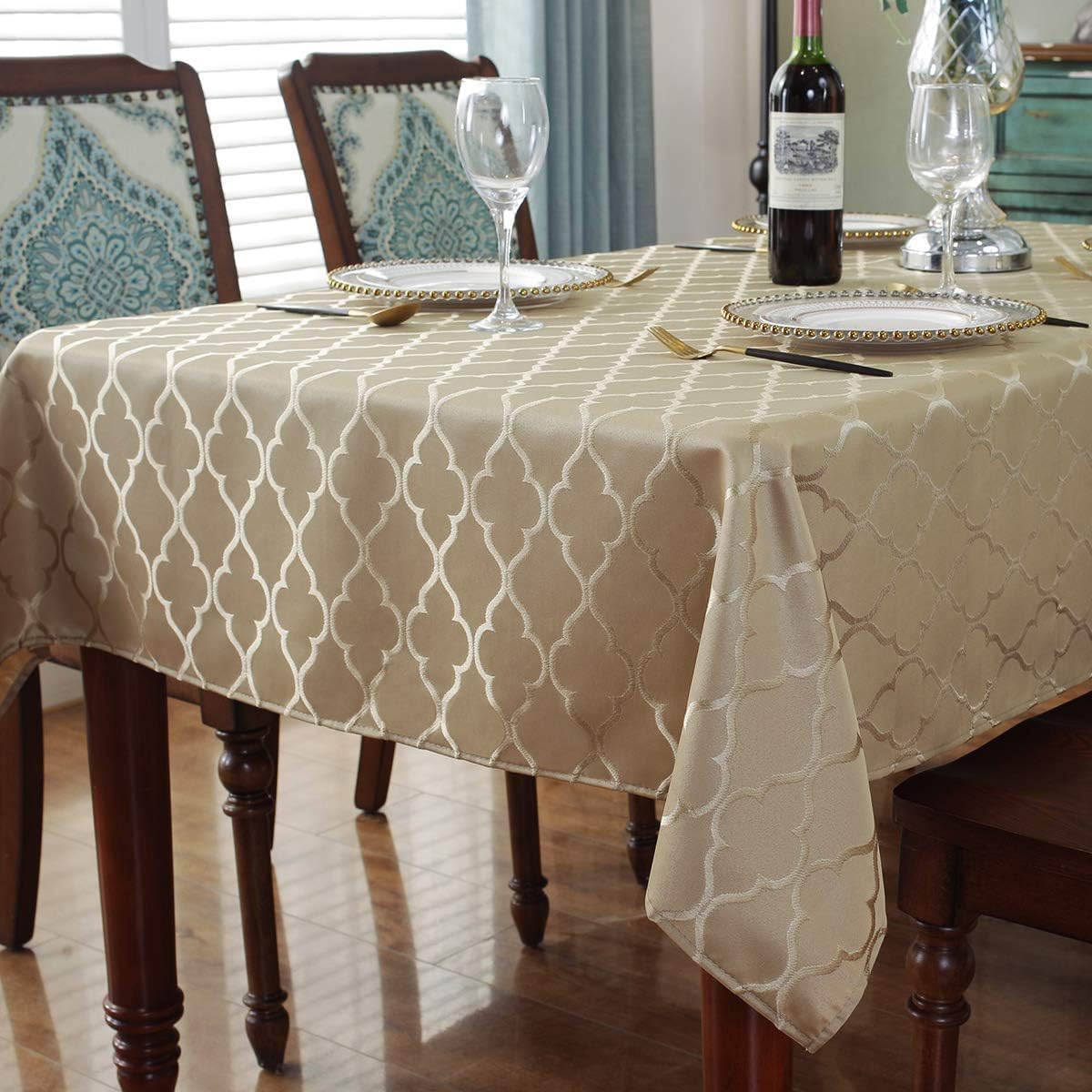 Jacquard Tablecloth Flower Pattern Polyester Table Cloth Spill Proof Dust-Proof Wrinkle Resistant Table Cover for Kitchen Dining Tabletop Decoration (Rectangle/Oblong, 52" x 70" (4-6 Seats), Gold)