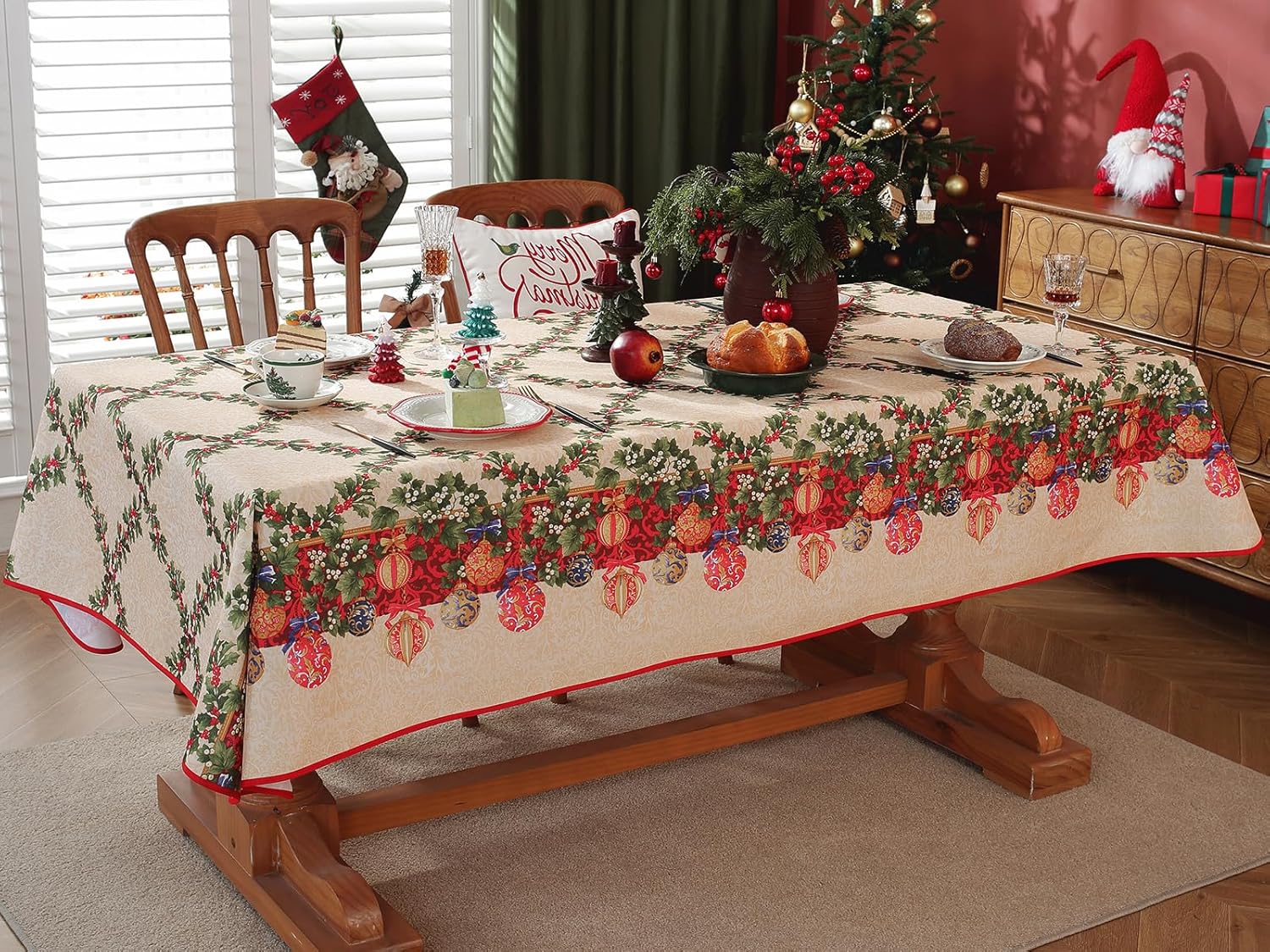 SASTYBALE Christmas Tablecloth Rectangle 52 x 70 Inch Spill Proof Holly Berry Festival Xmas Ornament Ball Vintage Table Cloth, Santa Fabric Table Cover for Holiday, Winter, Dining, Party, Red/Beige