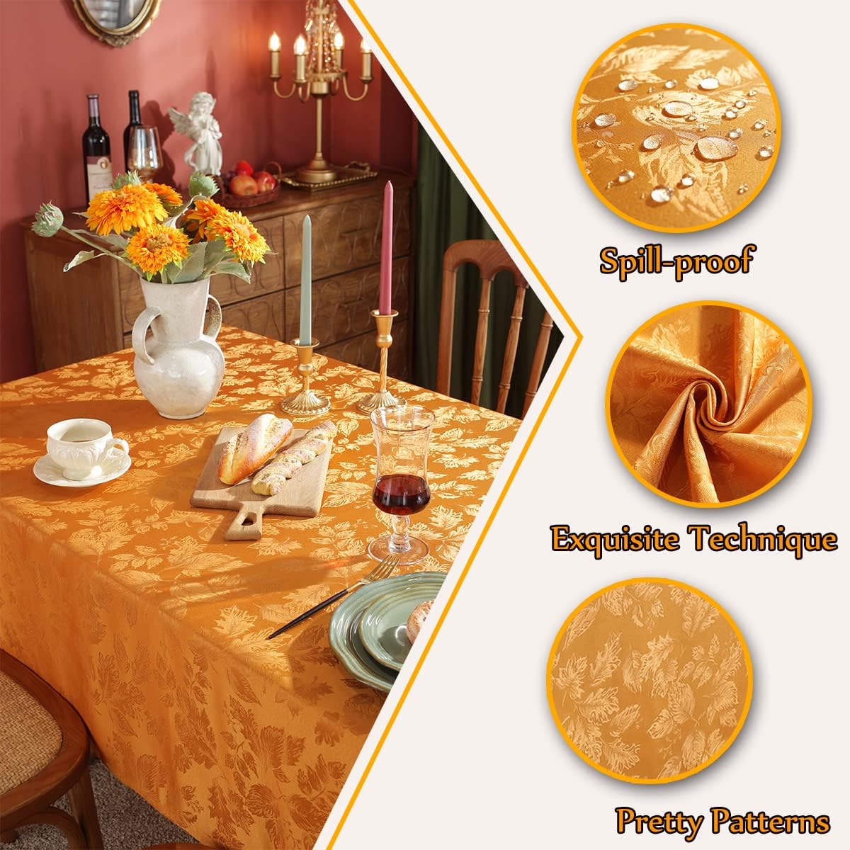 SASTYBALE Maple Leaves Jacquard Fall Tablecloth Oil/Water Proof Fabric Rectangle Table Cloth for Autumn, Harvest, Thanksgiving Oblong 52 x 70 Inch Amber