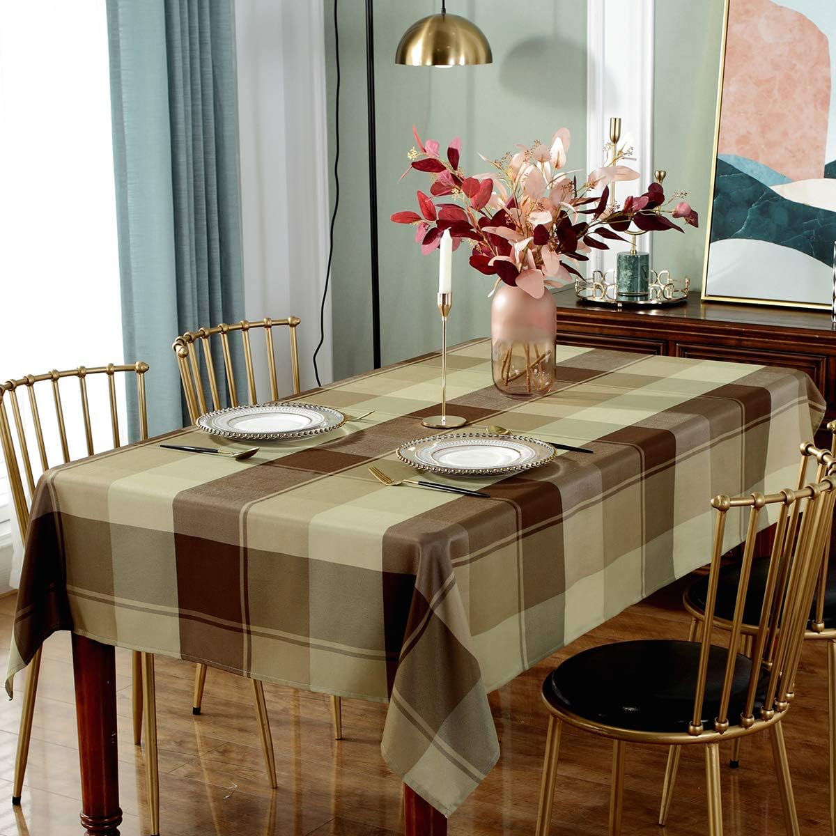 Rectangle Tablecloth Plaid Style Polyester Table Cloth Spillproof Dust-Proof Wrinkle Resistant Heavy Weight Table Cover for Kitchen Dinning Tabletop (Rectangle/Oblong, 60" x 84" (6-8 Seats),Taupe)