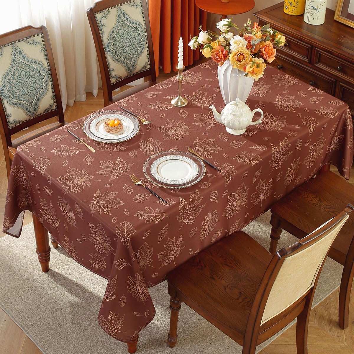 SASTYBALE Maple Leaves Thanksgiving Tablecloths Rectangle 52 x 70 Inch Spill Proof Washable Polyester Autumn Table Cloth, Fabric Table Cover for Fall, Harvest, Winter Dining Decoration, Brown