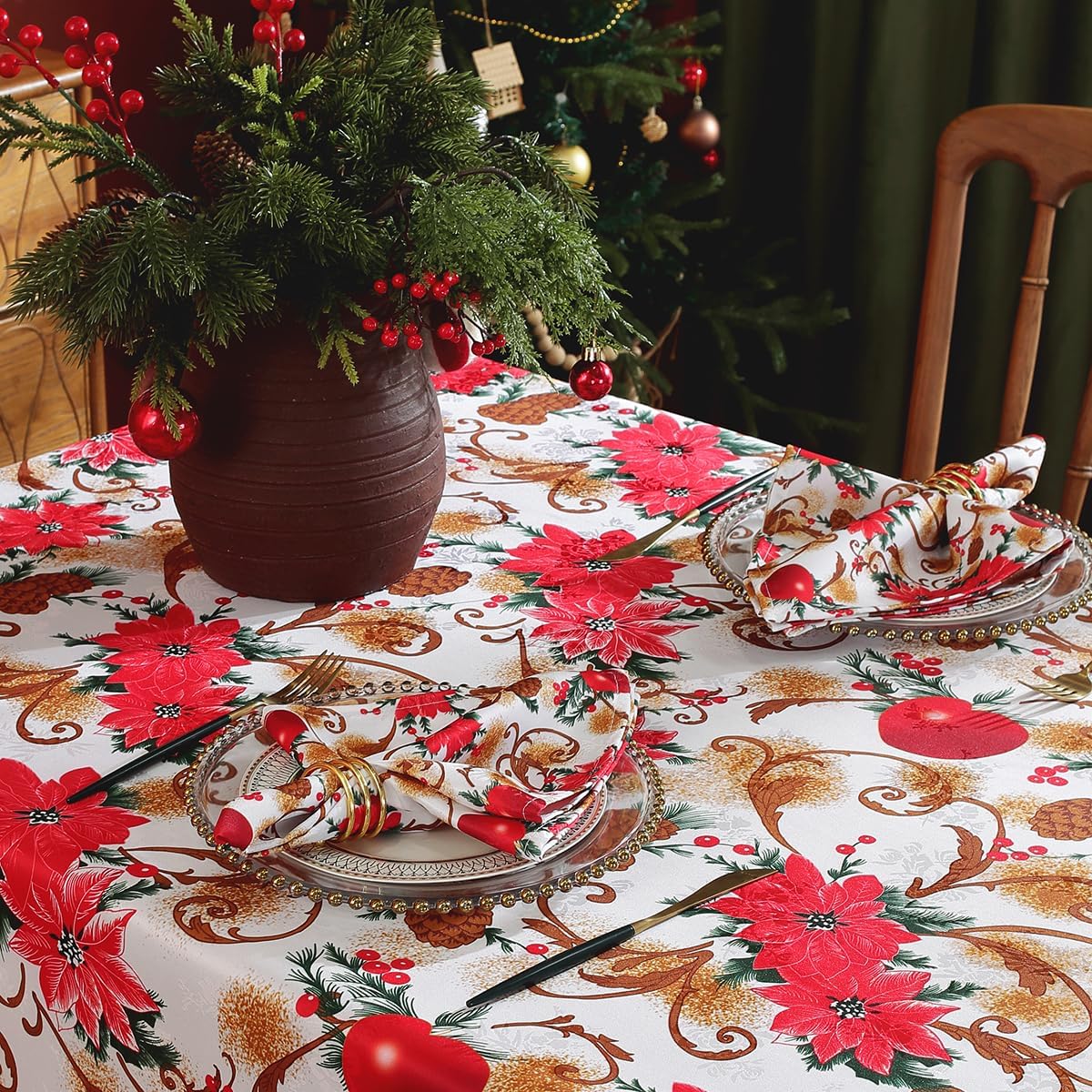 SASTYBALE Christmas Tablecloth Rectangle, Jacquard Fabric Christmas Table Cloth with Poinsettia Flowers, Spillproof Table Cover for Winter Holiday Dinner Decor (Rectangle, 52" x 70")