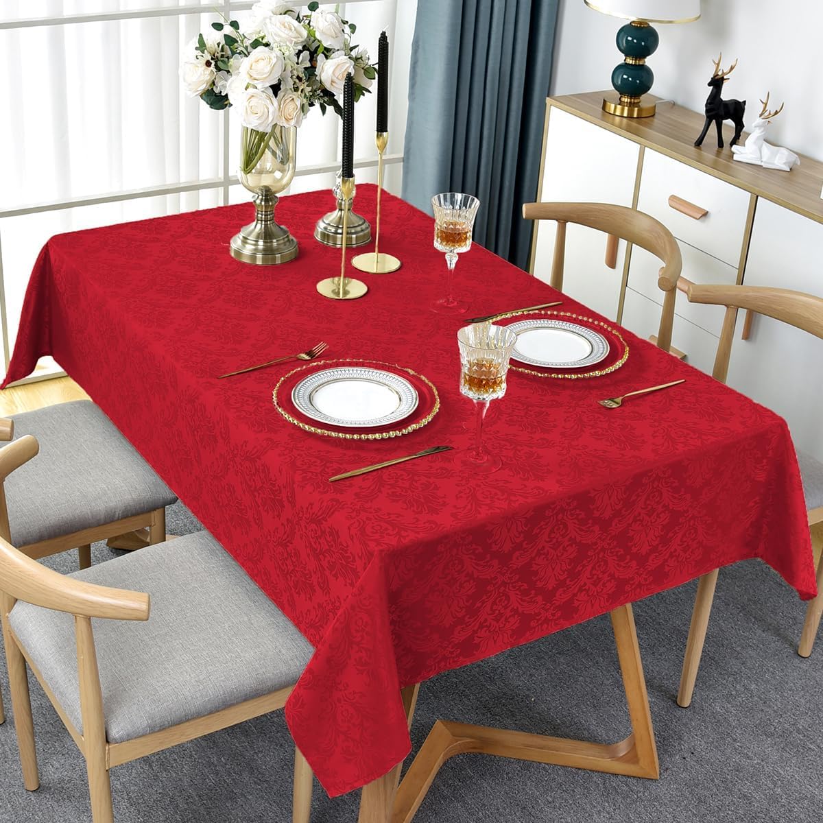 SASTYBALE Jacquard Christmas Tablecloth Rectangle 52 x 70 Inch, Waterproof Wrinkle Free Floral Damask Table Cloth, Soft Fabric Table Cover for Xmas, Holiday, Winter, Holiday, Party, Wedding, Red