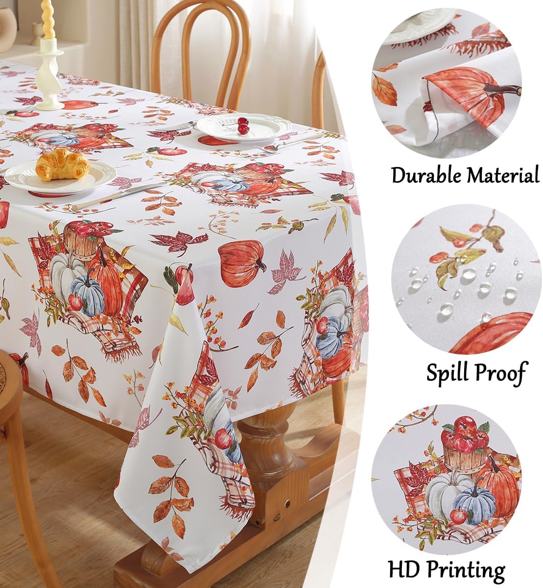 SASTYBALE Fall Pumpkin Tablecloth Rectangle, Holiday Table Cloth with Printed Watercolor Pumpkins & Fall Leaves, Spill Proof Table Cover for Harvest Thanksgiving Table Decor (Rectangle, 60" x 102")