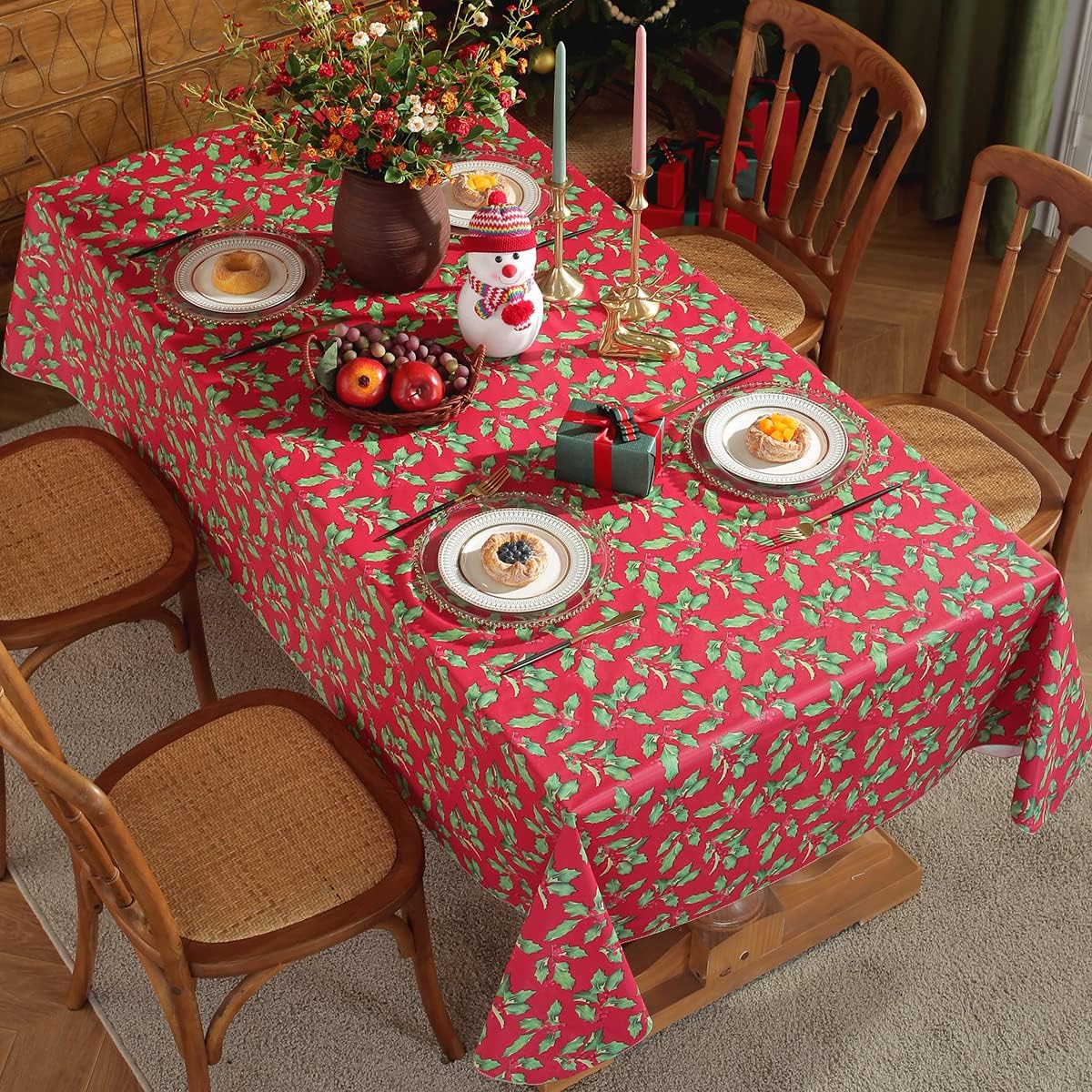 SASTYBALE Christmas Tablecloth Rectangle Vinyl Flannel Backing, Floral Holly & Berry Print Waterproof Plastic Heavy Table Cloth for Dining, Buffet Party & Outdoor Decorations, 52 x 70 Inch Red