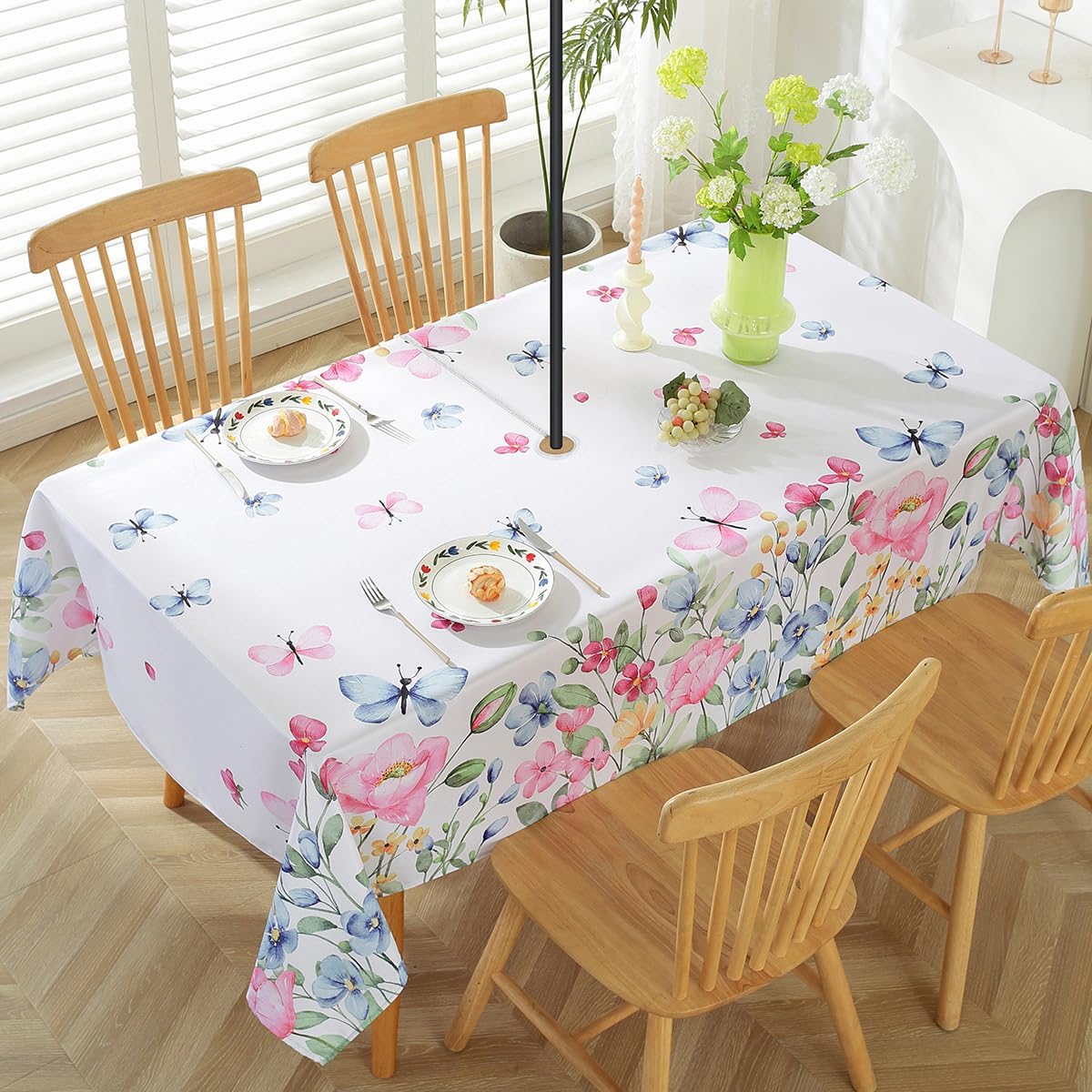 Spring Summer Floral Tablecloth with Umbrella Hole Rectangle 52 x 70 Inch Blooming Flower Watercolor Zippered Table Cloth, Washable Fabric Table Cover for Dining, Party, Picnic, Outdoor, Pink