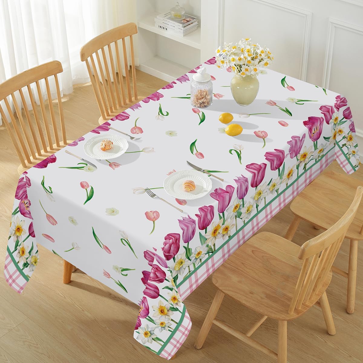 Spring Summer Tulip Flower Tablecloth Rectangle 52 x 70 Inch Waterproof Stain Resistant Floral Table Cloth, Buffalo Plaid Checkered Fabric Table Cover for Dining, Party, Indoor, Outdoor, Pink