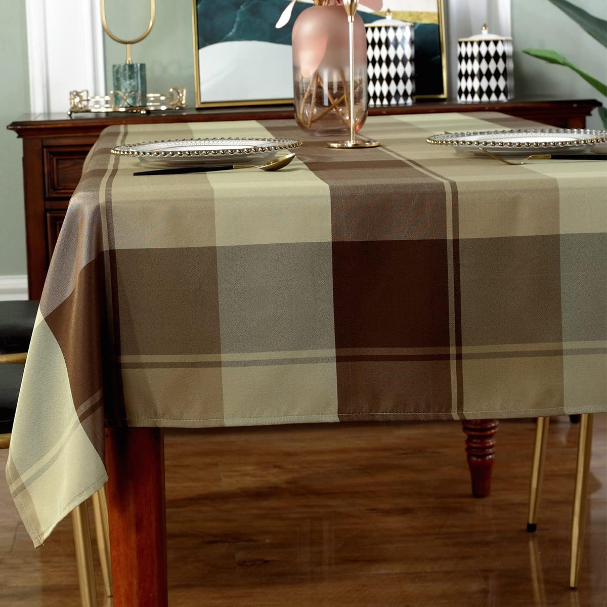 Rectangle Tablecloth 52 x 70 Inch Checkered Table Cloths Spillproof Anti-Shrink Soft and Wrinkle Resistant Decorative Fabric Table Cover for Kitchen Dinning Tabletop Outdoor(Rectangle/Oblong,Taupe)